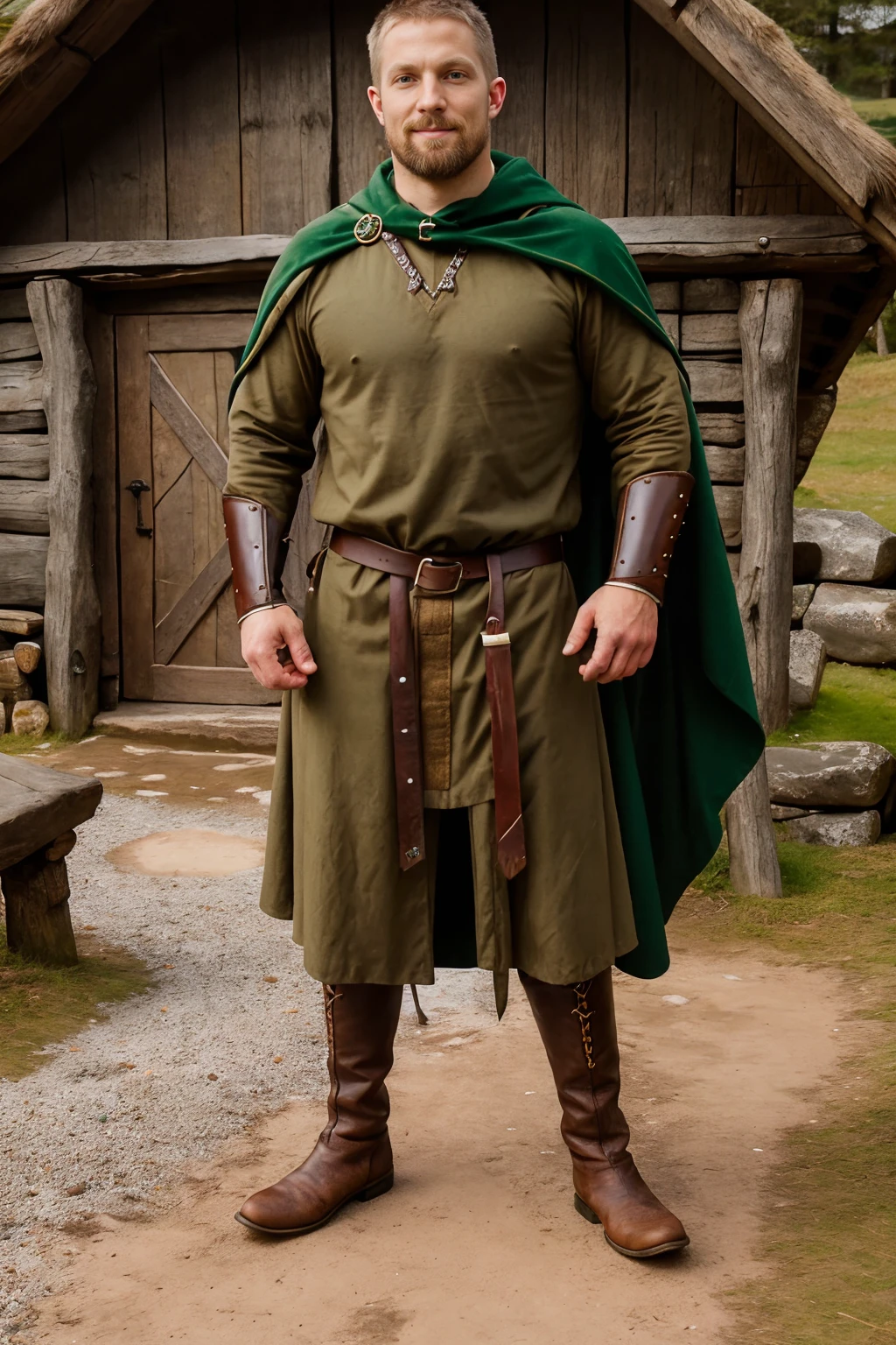 ViVi, Swedish viking village, standing outside a viking longhouse, slight smile, AdamHerst, norsemenclothes, brown tunic, green cloak, cape, leather belt, leather vambrace, green pants, boots, wide angle, (((full body portrait))) <lora:AdamHerst:0.8> <lora:NorseMenClothes:0.60> <lora:VikingVillage:0.55>