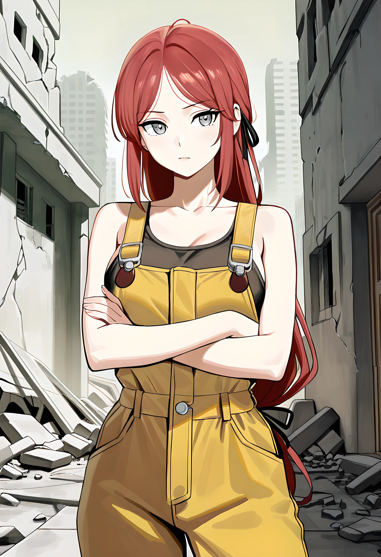 masterpiece, best quality, amazing quality, very aesthetic, absurdres, newest, 1girl, detailed face,
mangamaster,
grey ruins background, abstract background, distorted background,
<lora:abella_illustr:1> ab311a_f3ar, long hair, red hair, overalls, hair ribbon, bangs, ribbon, collarbone, grey eyes,
standing, crossed arms,