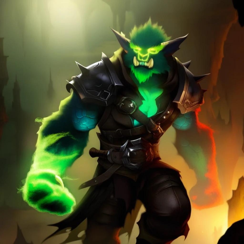 bugbear rogue, blackened leather armor, dimly lit dungeon, glowing green moss, stealthy stance, shadowy ambiance, eerie lighting, cinematic perspective, ultra-sharp textures, tension-filled environment <lora:Bugbears - illustrious:1> buggies