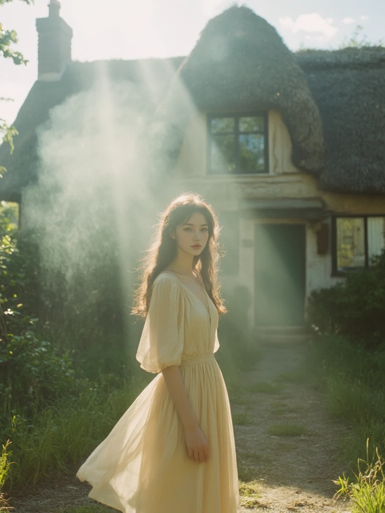 A girl in a dress stands in front of a vintage thatched cottage, with sunlight falling on her, captured in film photography, exuding a retro atmosphere and featuring strong contrasts between light and shadow. Hazy smoke,dingdaer