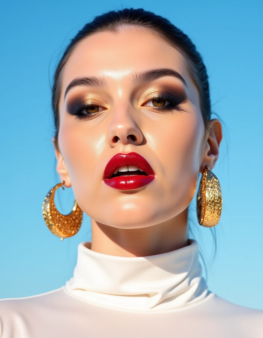 A hyper-detailed, avant-garde photograph featuring a striking woman with pale light skin against a clear, light blue sky. Her full-face close-up highlights the smooth texture of her flawless complexion. Shimmering metallic eyeshadow enhances the depth of her piercing gaze, while her glossy, deep red lips create a bold contrast to her skin. Large, intricately detailed golden hoop earrings reflect light, contributing to her modern allure. She wears metallic urban Buddhist monk clothing, with a turtle neck that enhances her avant-garde look. The reflective surfaces of her earrings and outfit create a dynamic interplay with the environment, emphasizing her sleek presence. The minimalist background allows the viewer to focus on her eye-catching fashion and makeup. Captured with a Sony A7R IV camera and a 50mm f/1.2 G Master lens for a beauty editorial shoot, this composition highlights her fashion-forward aesthetic. Inspired by avant-garde fashion photography from Sølve Sundsbø, this image blends contemporary fashion and minimalist elegance, embodying mythp0rt and niji_flux styles for a sleek, high-fashion vision. ((glow_skin, iridescent skin, oily skin, portrait)). ((no logo))