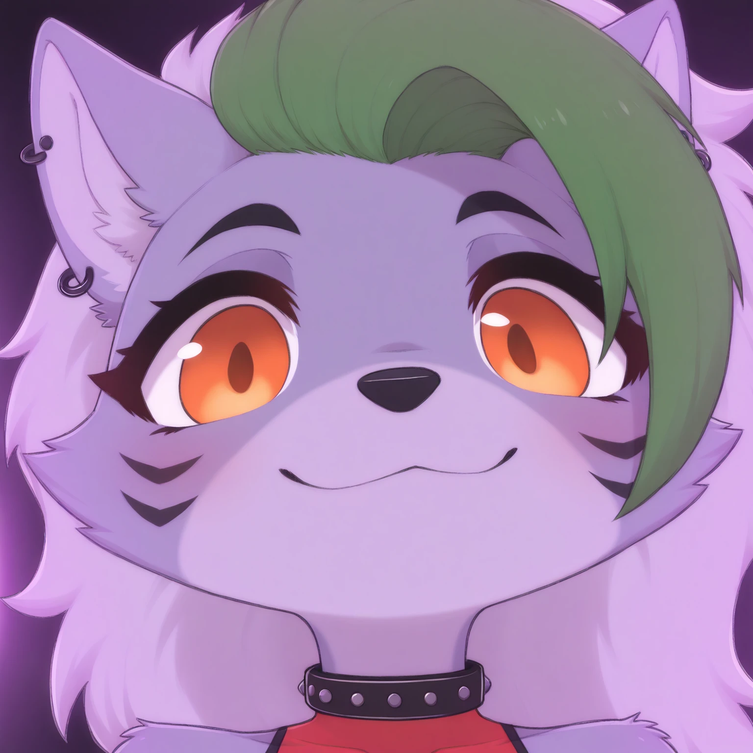 masterpiece, best quality, furry, cartoon
Roxanne-CbdCcnt-style, silver hair, orange eyes, wolf ears, green bangs, red croptop, studded collar, earring, purple tigerprint arm warmers, studded piercing, red hotpants, red shoulderpads, mutsukiface, portrait, close-up, smile, :3, closed mouth, chibi
<lora:meme_mutsukiface_illustriousXL:1>
<lora:Roxanne-CbdCcnt-style_il:0.9>