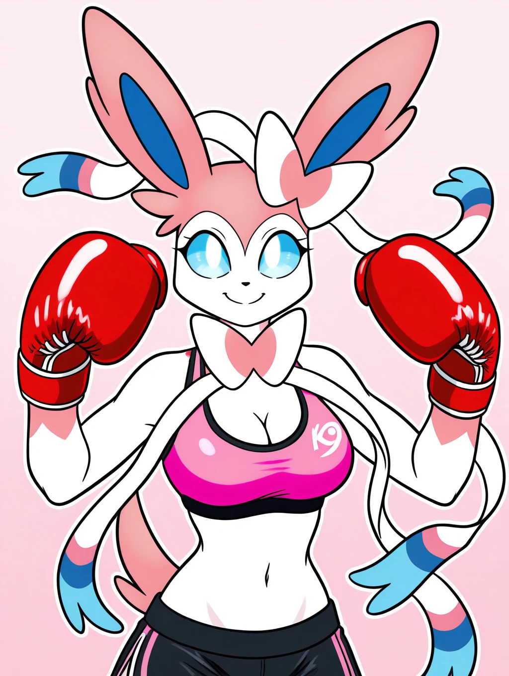 furry female (sylveon:1.5), (breasts:1), slim, skinny, small waist, fur, smile, wearing pink sports bra, black shorts, boxing gloves, standing, upper body, looking at viewer, simple background,2d,k9tales style,digital art,watermark,simple details