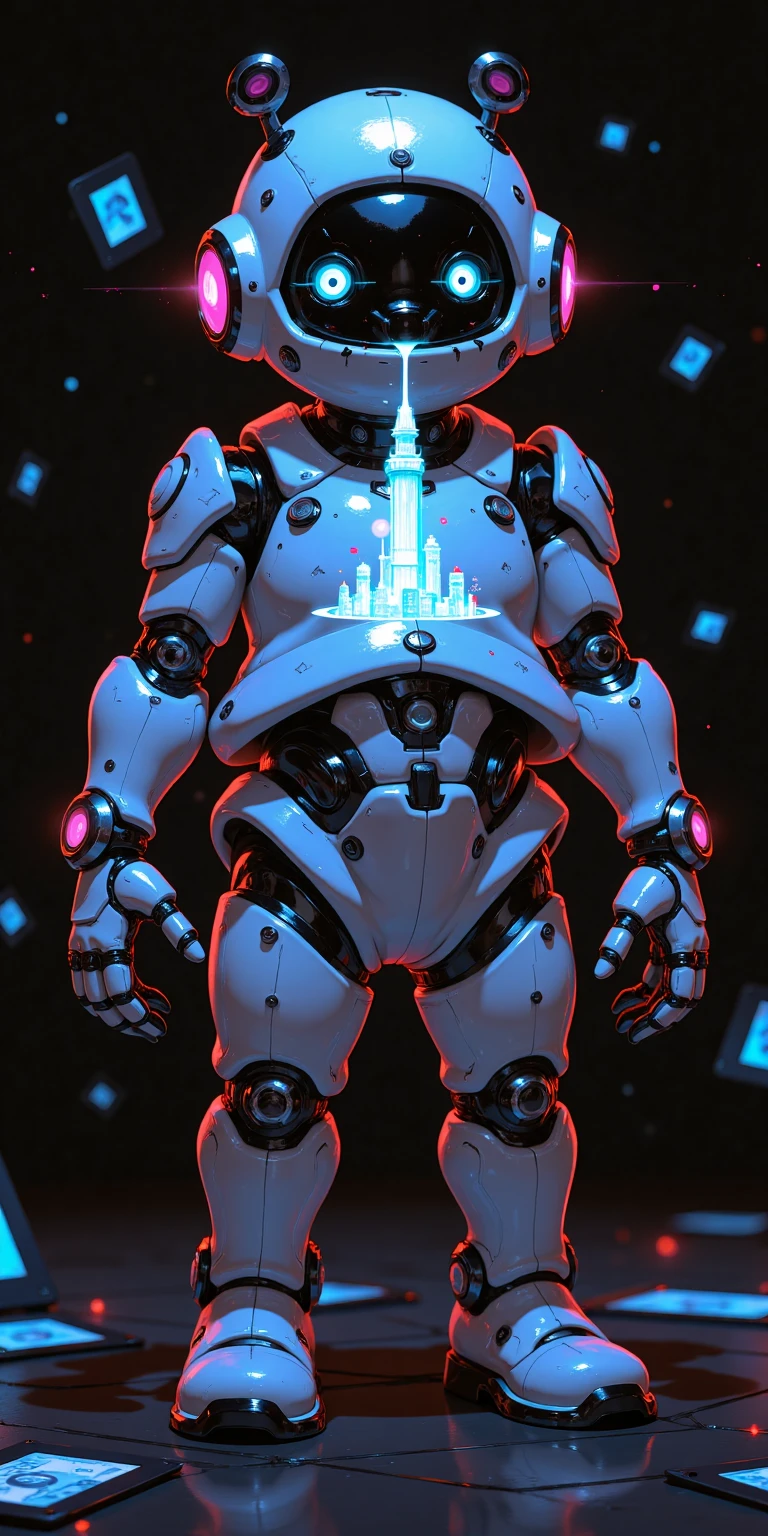 A futuristic, neon-lit robot stands prominently against a dark background, its metallic body illuminated by vibrant hues. A digital interface, resembling a miniature cityscape, is projected from the robot's pupil, pulsing with energy. Surrounding this focal point are holographic displays, casting a kaleidoscope of colors across the surrounding space. The robot's pose exudes confidence and authority, as if ready to command the digital realm.