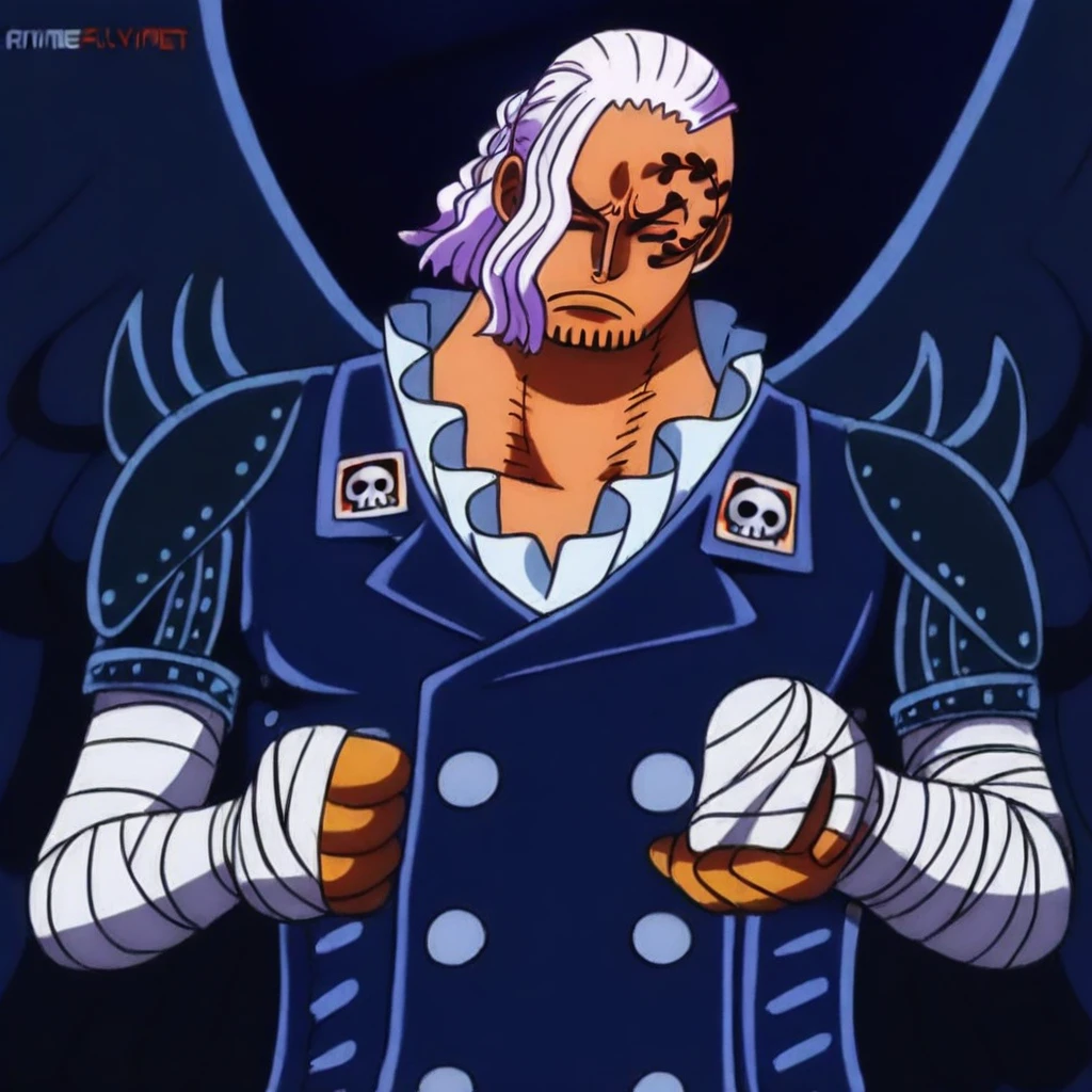 king, conflagration, lunarian, one piece, solo, wings, shirt, closed eyes, bandages, black wings, upper body, white hair, feathered wings, 1boy, bandaged arm, short hair, , SOLO, 1BOY, thick outline, black outline, holding, black wings, no humans, buttons, tattoo, beard, parody