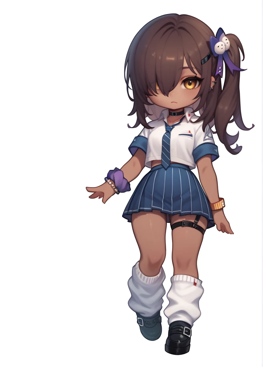 <lora:NIKKE_Naga-PONY:0.8> 1girl, solo, full body, chibi, white background, dark skin, yellow eyes, brown hair, side ponytail, hair over one eye, nagadef, school uniform, necktie, choker, hair ornament, blue skirt, bracelet, scrunchie, thigh strap, loose socks, black footwear, score_8_up, score_7_up, score_6_up, score_5_up, score_4_up,