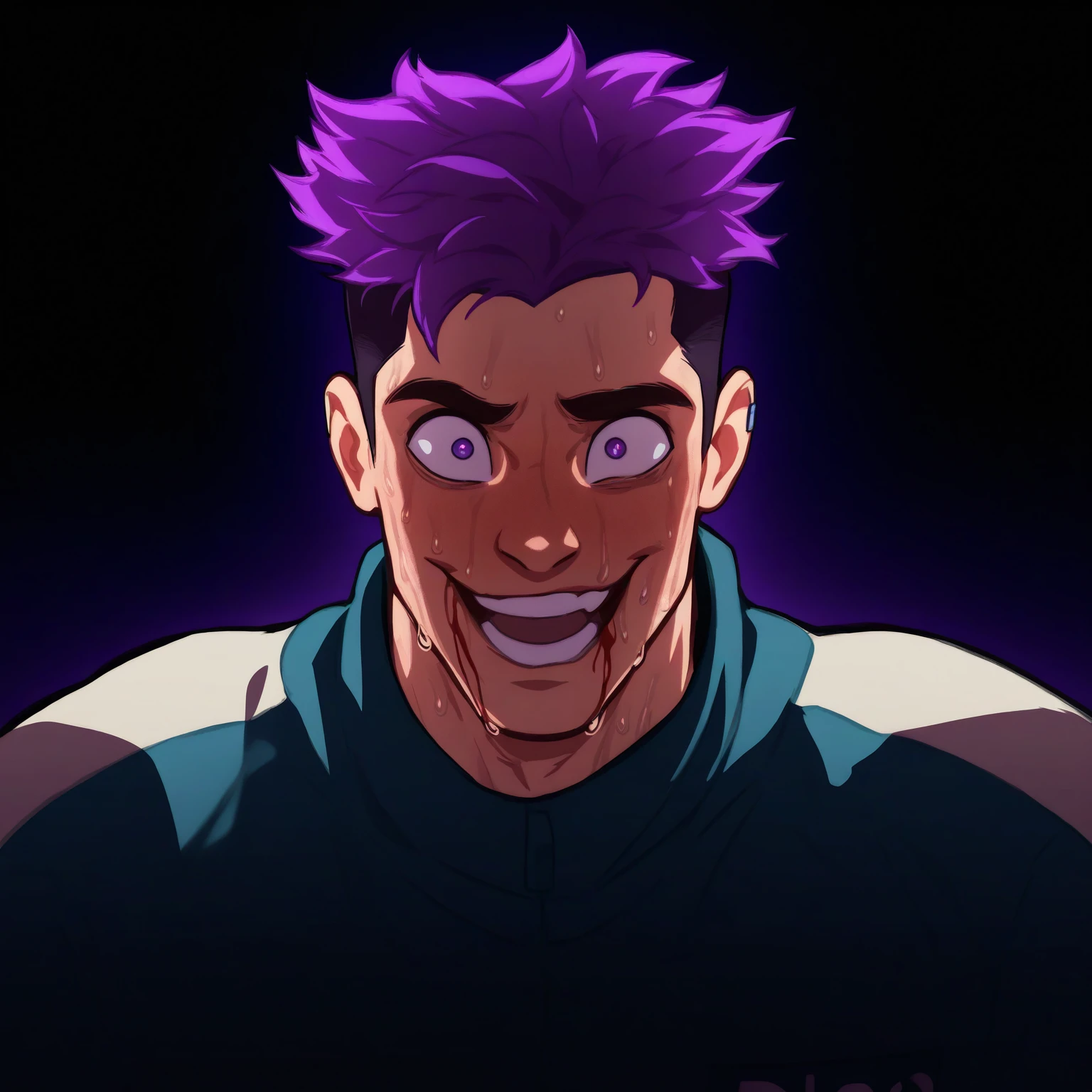 masterpiece, best quality, newest, absurdres, highres, 
male, dizdoodz, bara, solo, th4nos_SG, purple hair, undercut, upper body, jumpsuit, looking at viewer, slender, bloody, excited,  dark lighting, sweating, side view