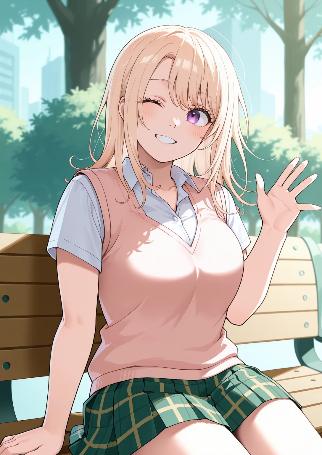 masterpiece, best quality, 1girl. solo. <lora:IL_KawaiMona:1>, ilkawaimona, long hair, blonde hair, light-purple eyes, smile, waving, wink, school uniform, white shirt, sweater vest, green skirt, pleated skirt, plaid skirt, sitting on bench, park