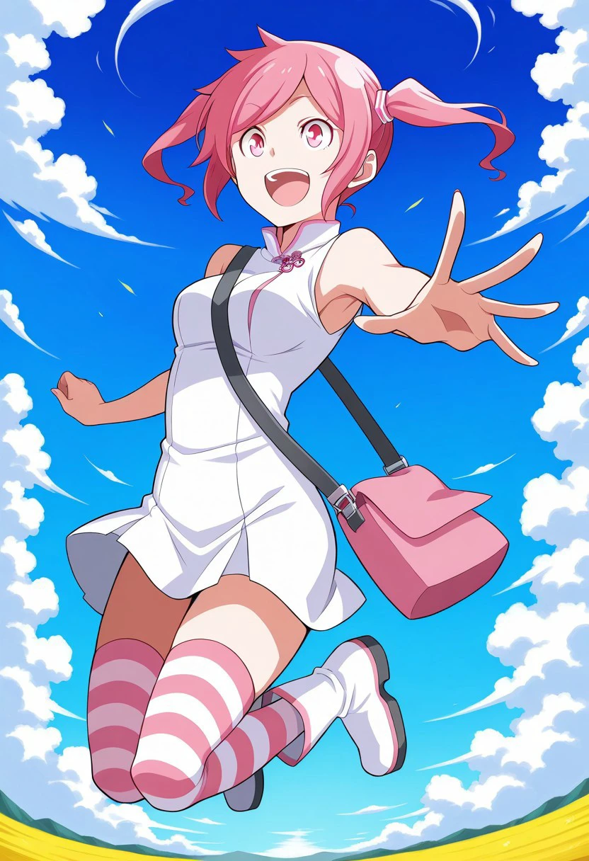 high quality, absurd res, 4k res, score_7_and_above, masterpiece, 1girl, solo, akiho_rindou, pink hair, twintails, pink eyes, white dress, pink striped thighhighs, white boots, pink bag, action shot, jumping, dynamic pose, excited, arms outstretched, :D, mouth open, outside, plains, flowery field, sky, clouds, jumping, in the air