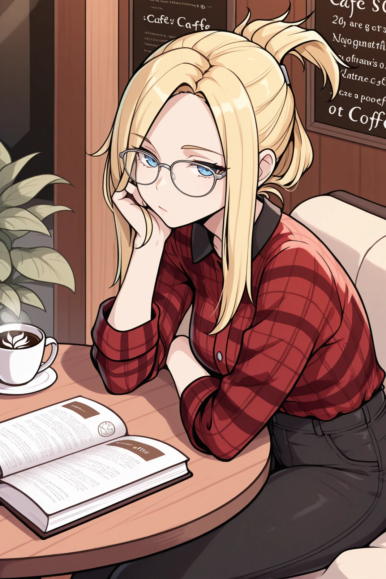 masterpiece, best quality, 1girl, solo <lora:ffquistis-illu-nvwls-v1-000006:1> ffqsts, blonde hair, folded ponytail, blue eyes, glasses, flannel shirt, plaid, black pants, sitting, cafe, cup of coffee, looking at viewer, book, table, bored