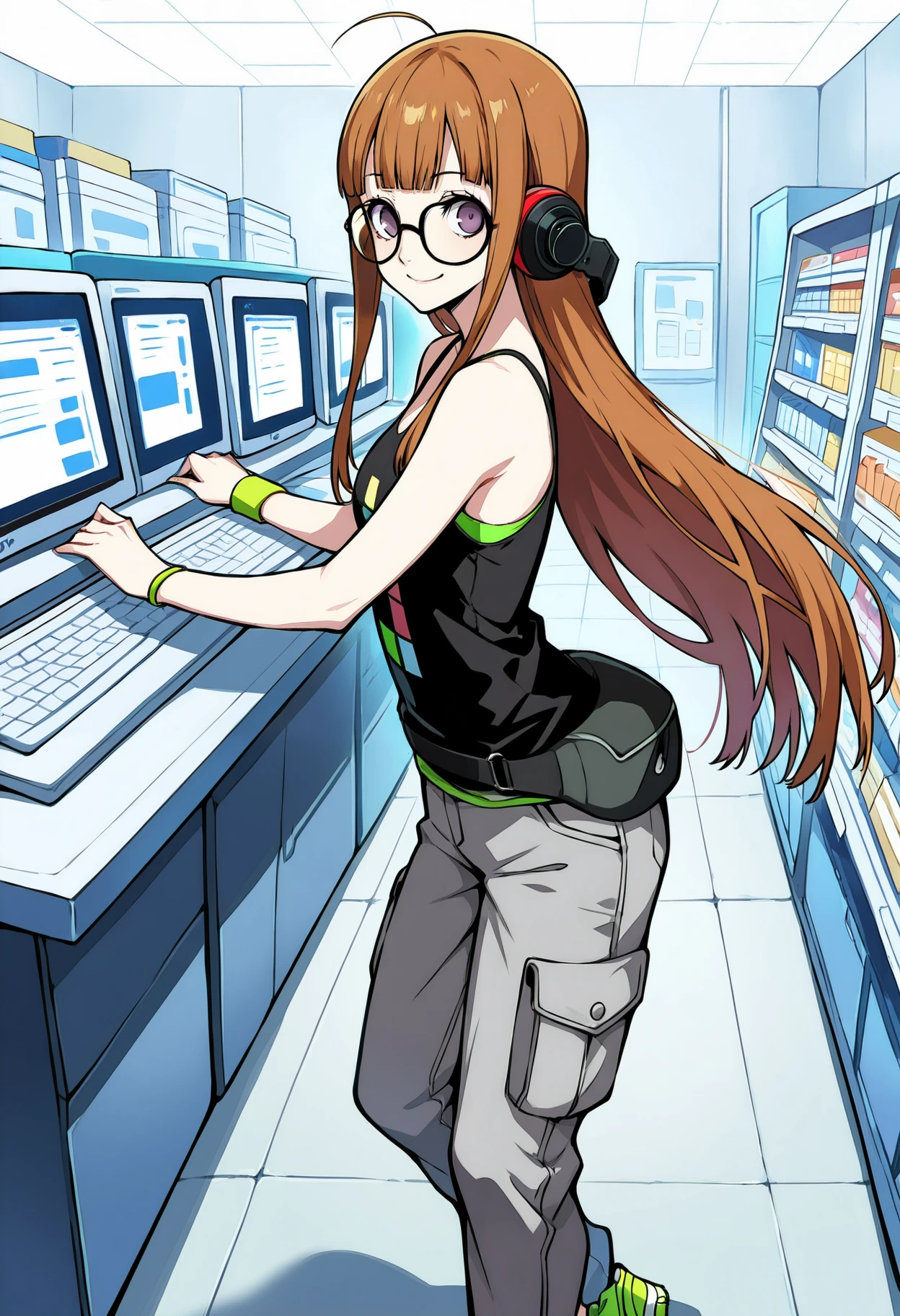 1 girl, solo, cute face,
p5futaba, sakura futaba, long hair, glasses, blunt bangs, orange hair, ahoge
p5futaba-summer, behind-the-head headphones, black tank top, bare shoulders, cargo pants, tetris, grey pants, fanny pack, wristband, green sneakers,
computer store, standing, from side, looking at viewer, smile,
masterpiece, best quality, ultra detailed, thin outlines