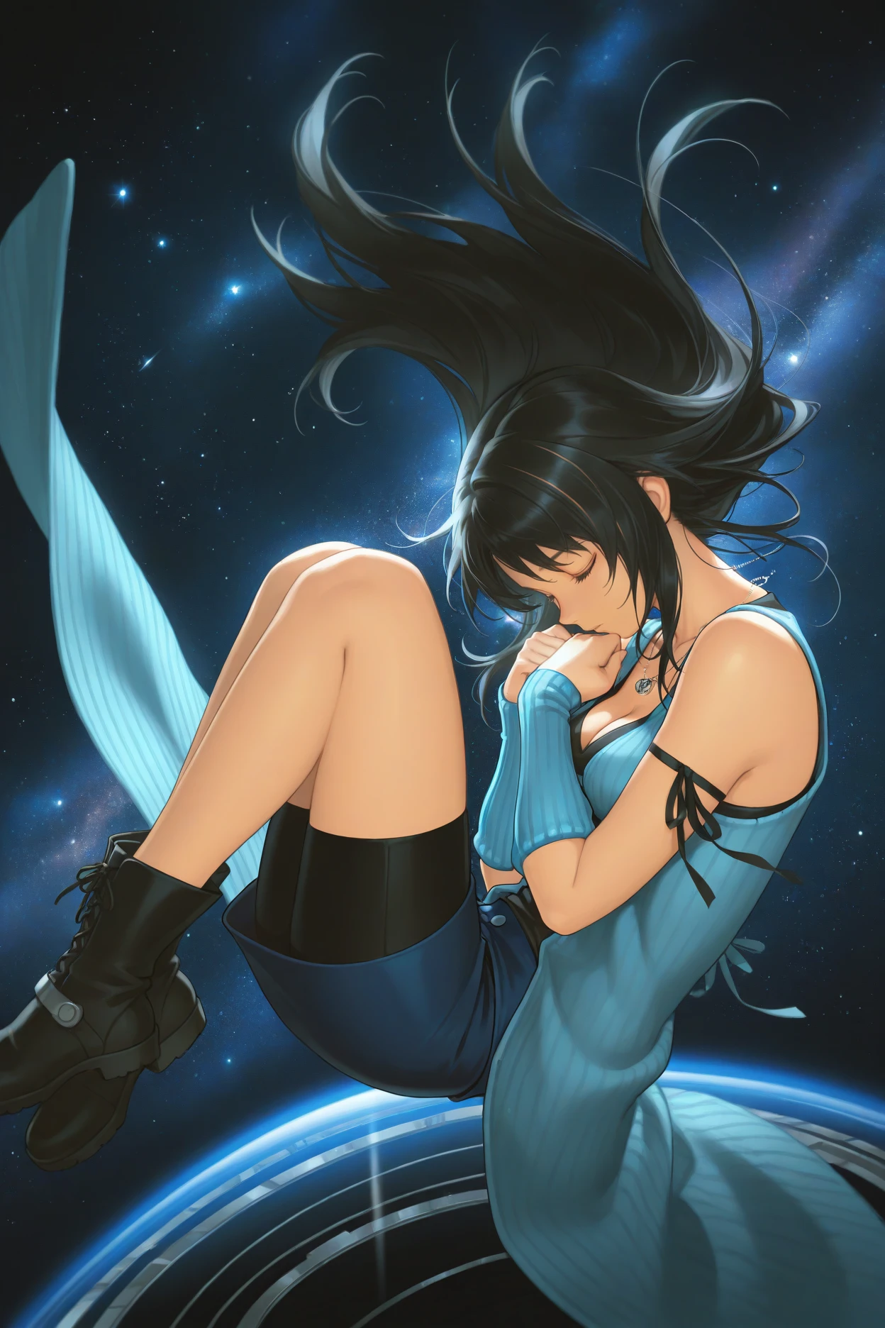 masterpiece, best quality, 1girl, solo,  <lora:ffrinoa-illu-nvwls-v1-000007:1> ffrnaht, black hair, long hair, closed eyes, necklace, light blue cardigan, cleavage, black shirt, sleeveless, blue skirt, shorts under skirt, arm ribbon, arm warmers, hands on own chest, outer space, stars, floating, black boots, fetal position, floating