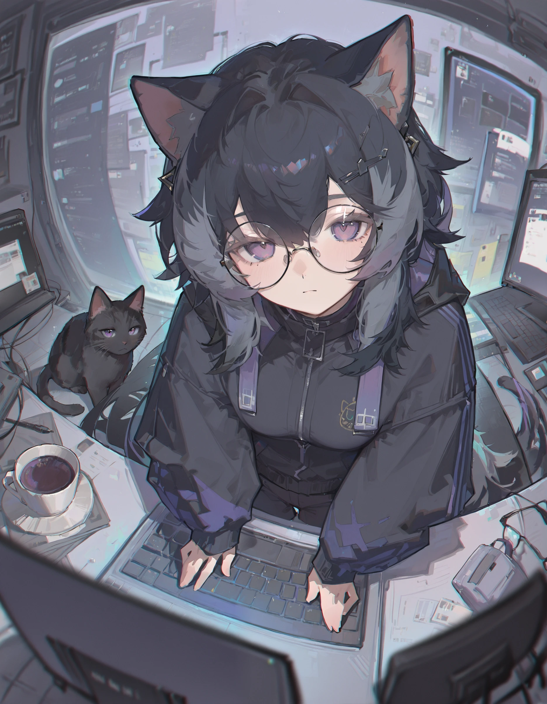 masterpiece, best quality, very aesthetic,newest, very awa, <lora:Y4ungpeng_style:1>,Y4ungpeng_illu, animal ears, 1girl, glasses, solo, computer, cat ears, jacket, cat, black hair, multicolored hair, black jacket, round eyewear, looking at viewer, laptop, purple eyes,blurry, blurry edges, chromatic aberration,  ,highly detailed,  8k, dynamic angle, illustration, intricate details,masterpiece, very aesthetic, absurdres,