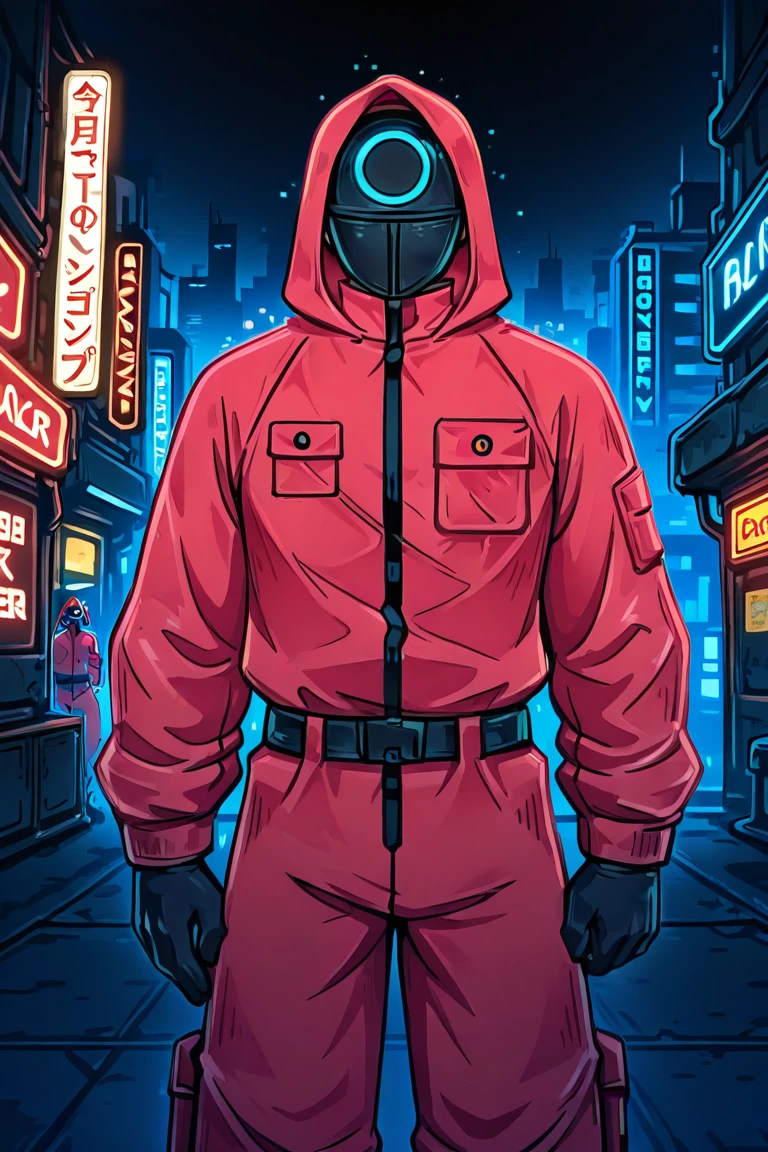 squidy_game, character, red jumpsuit, black gloves, hooded outfit, black belt, black mask with symbol, cyberpunk, neon lights, glowing effects, futuristic city, bold typography, glitch text, "NEW YEAR HAPPY ?", dramatic lighting, dark atmosphere,◯,✌️