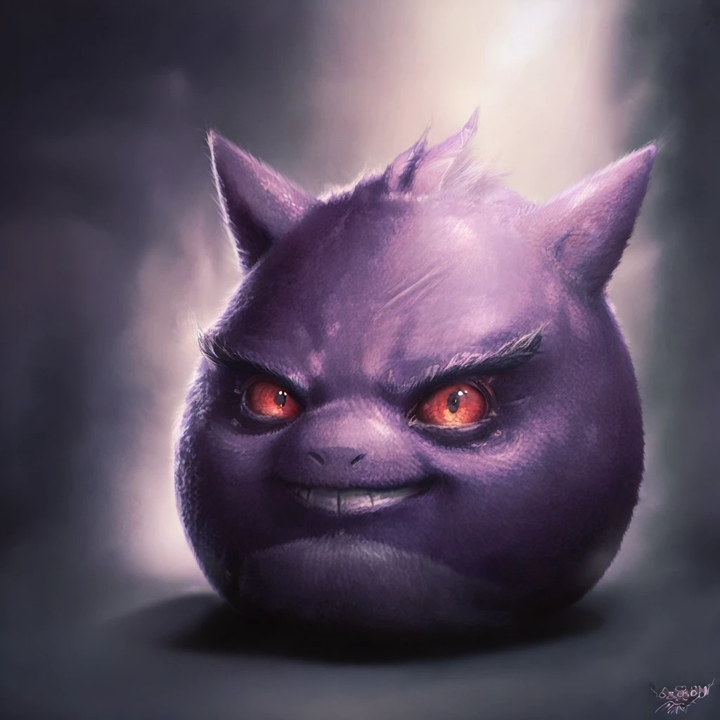 SamSprattAngryBirds, solo, detailed pores, wrinkles, Head only, close up, cropped body, limbless, bodyless, no body, head view, head focus, upper body, headshot, face focus, furrowed eyebrows, realistic, cartoonish, hyper-realistic, digital painting, digital art, painting, oil painting style, dramatic lighting, single light source, soft glow, muted background, radial gradient, spotlight effect, realism, dramatic composition, animal, furry, anthro, anthropomorphic, feral, animal features, reflective highlights, round character, round head, looking at viewer, gengar,, no humans, pokemon \(creature\),, evil smile, 1boy
