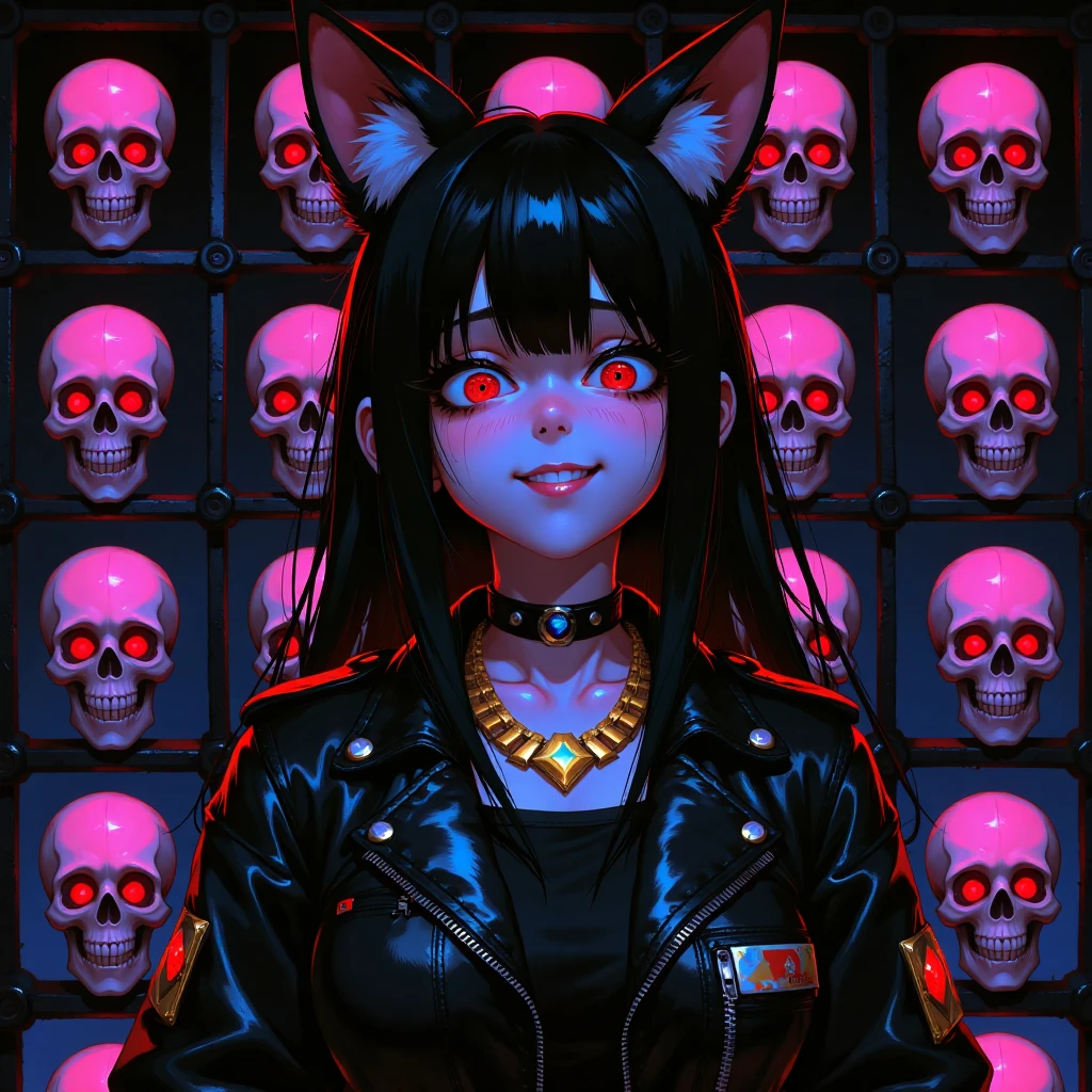 A gothic-inspired cartoon character stands out against a dark, starry night sky, dressed in a sleek black leather jacket adorned with a gleaming gold necklace. The character's head is illuminated by piercing bright red eyes, a striking contrast to the monochromatic outfit. In the background, a grid of pink and white skulls adds texture and depth, set against a deep black canvas.