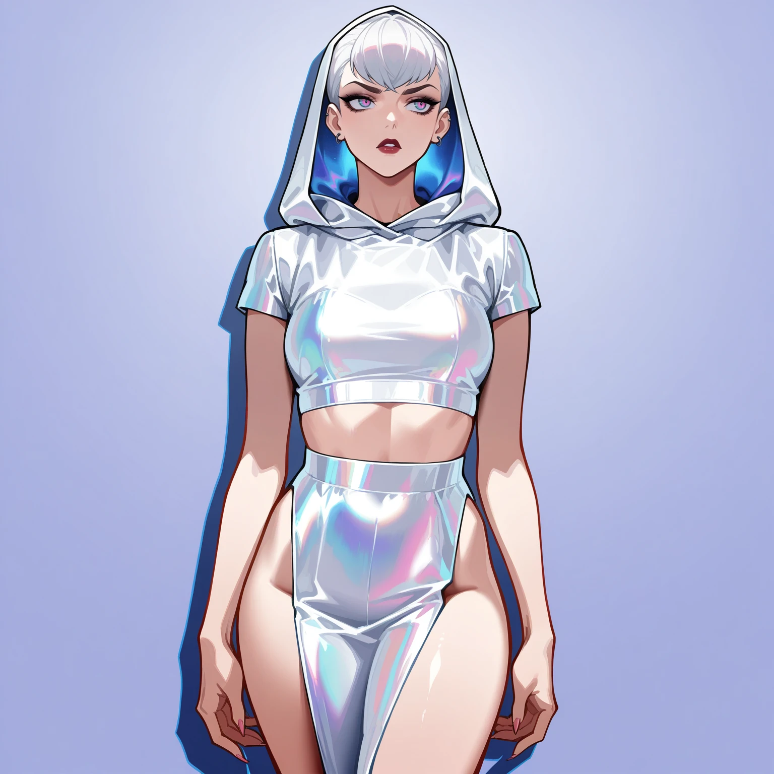 1girl, the baddest evelynn, <lora:AHMetGala-ILXL2025-01-06_20-46-30-save-546-42-0:0.8> dr3ss,  hood, short sleeves, cowboy shot, shiny clothes, form fitting, iridescent clothing, white crop top, midriff, pelvic curtain, thighs, masterpiece, best quality, very aesthetic, newest