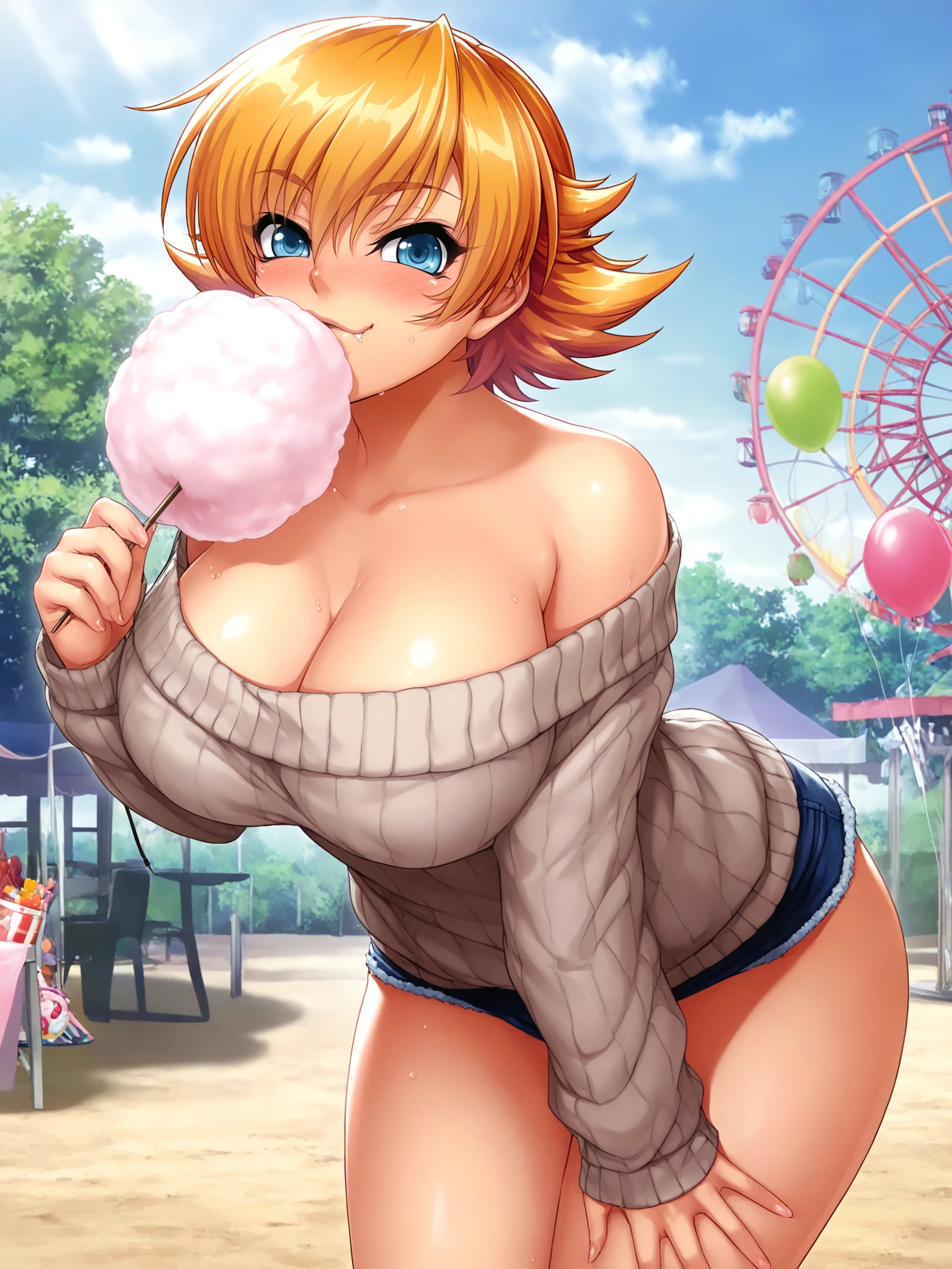 masterpiece, good quality, best quality, very as2, absurdres, highres, shadow, vivid,
1girl, Igawa Sakura, cowboy shot, holding cotton candy, eating, hand on own thigh, 
looking at viewer, smirk, blush, happy,
orange hair, short hair, flipped hair, blue eyes,
curvy, large breasts, thighs,
off-shoulder sweater, short shorts, bare shoulders,
outdoors, amusement park, balloon,
<lora:Igawa Sakura3216NoobAIVpred10MinSnr:1>