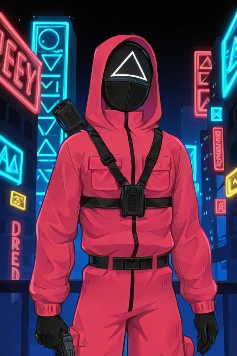 squidy_game, solo, Red jumpsuit, hooded outfit, Black mask with symbol, triangle symbol, black belt, holding gun, neon city background, double exposure effect, abstract neon overlay, dreamy, vibrant colors, cinematic composition.