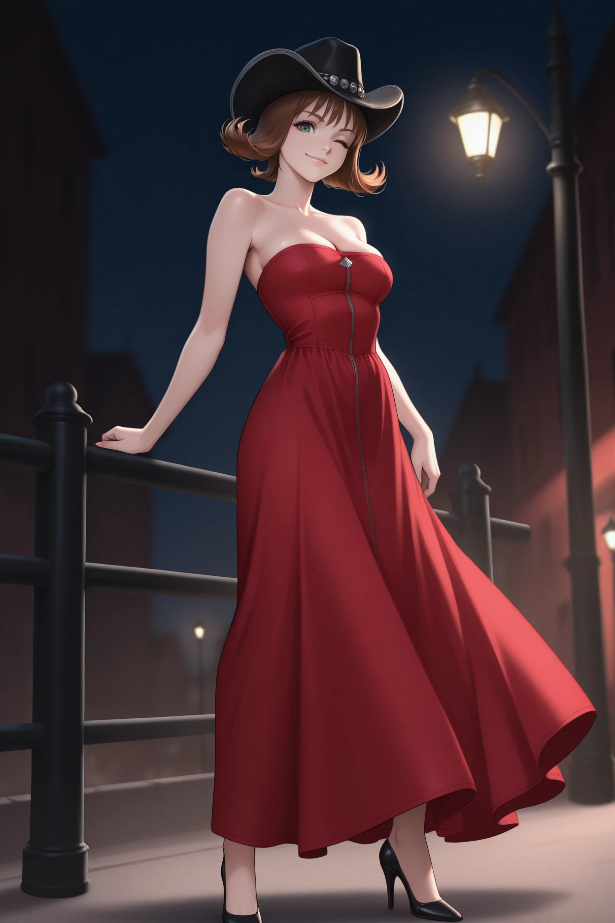 masterpiece, best quality, 1girl, solo <lora:ffselphie-illu-nvwls-v1-000006:1> ff8sphe, brown hair, flipped hair, short hair, green eyes, red gown, long dress, strapless dress, high heels, cleavage, looking at viewer, smile, wink, black cowboy hat, night, street lamp