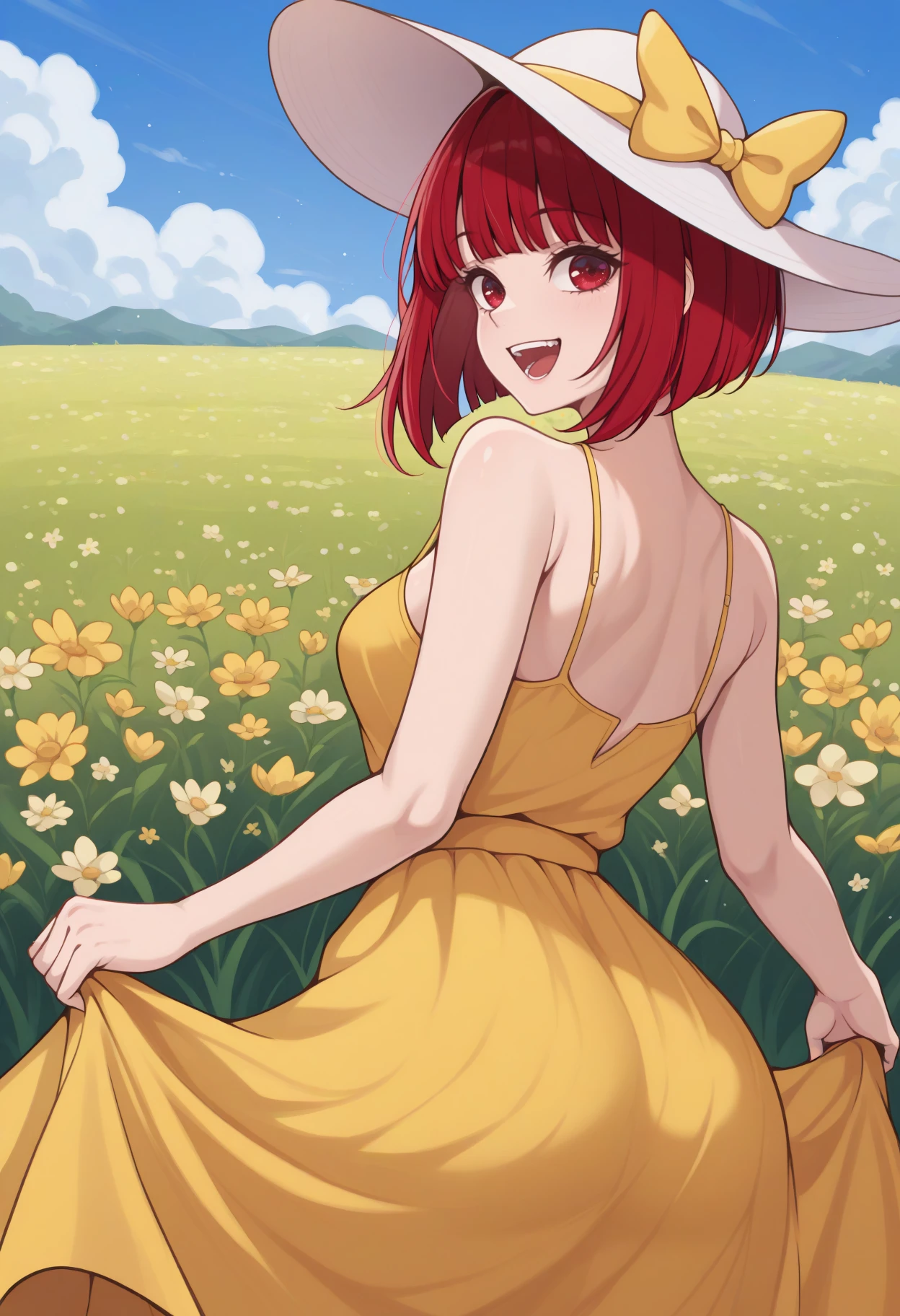 masterpiece, best quality, from behind, solo, 1girl, k4nadef, :d, teeth, looking back, standing, skirt hold, medium hair, red hair, bob cut, inverted bob, white headwear, sun hat, hat bow, yellow bow, red eyes, yellow sundress, bare shoulders, outdoors, blue sky, cloud, flower field, grass
<segment:yolo-Anzhc Face seg 640 v2 y8n.pt,0.4,0.5//cid=1>