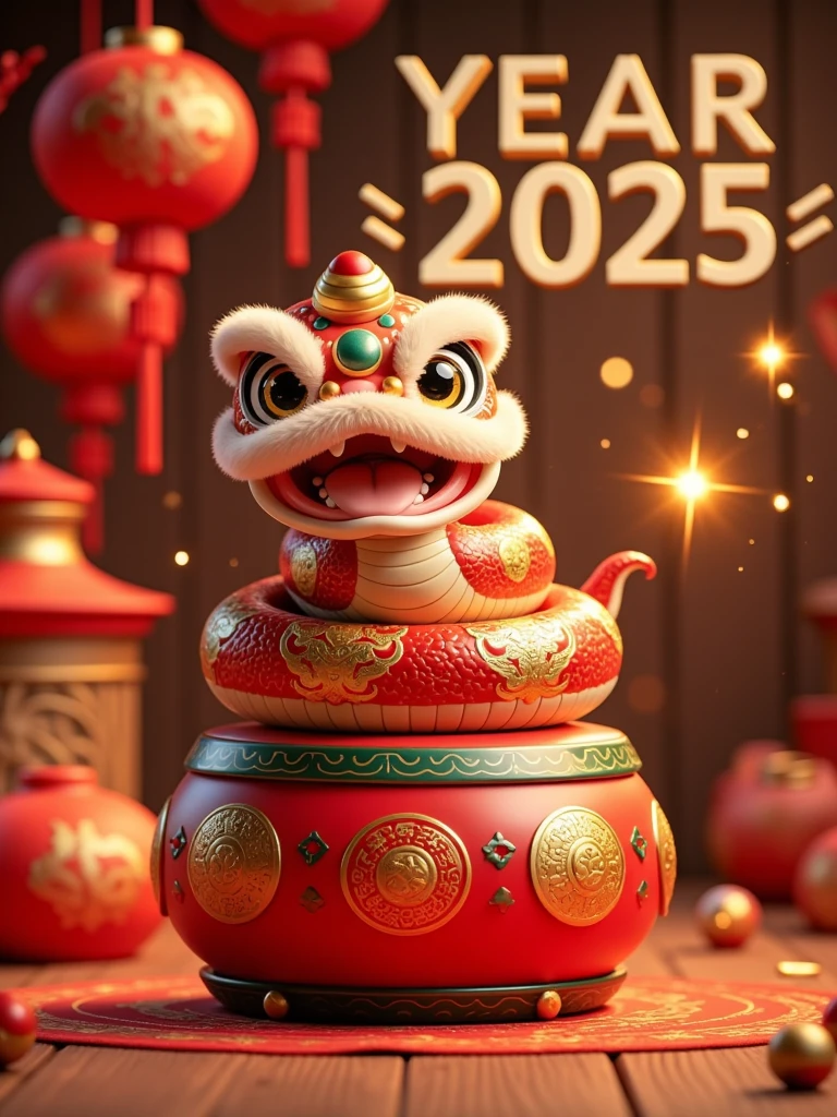 <lora:Cute Snake MTL_f1:0.8>  A charming snake curled on top of a drum decorated with traditional Chinese patterns, playfully wearing a lion dance headpiece with shimmering gold details. Firecrackers sparkle in the background, with bold 3D text that says: "Drumroll to 2025 â Year of the Snake."