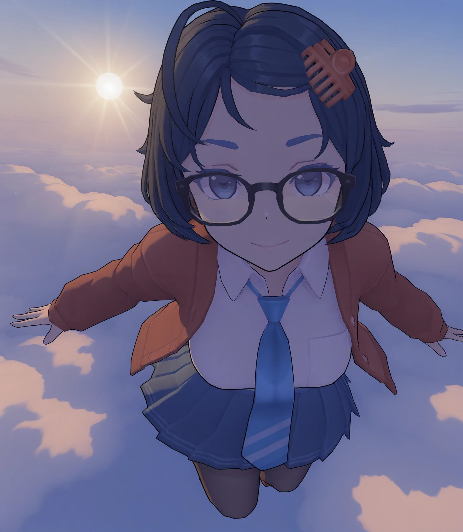 highres, hi res, best quality, masterpiece, 2d, intricate details, 4k, anime coloring, shadow, uncensored, shaded, shadow, countershading,
1girl, solo, female, eyelashes, nose, short hair, bangs, blue eyes, black hair, hair ornament, ahoge, glasses, hairclip, black-framed eyewear,
skirt, shirt, long sleeves, jacket, red jacket, white shirt, pantyhose, pleated skirt, open clothes, necktie, striped, collared shirt, blue skirt, black pantyhose, blue necktie,
full body, foreshortening, looking at viewer, jumping, bent legs, floating, from above,
depth of field, outdoors, in the sky, among the clouds, clouds, sky, blue sky, sun rays, sunlight, <lora:Mila_ILXL:1>