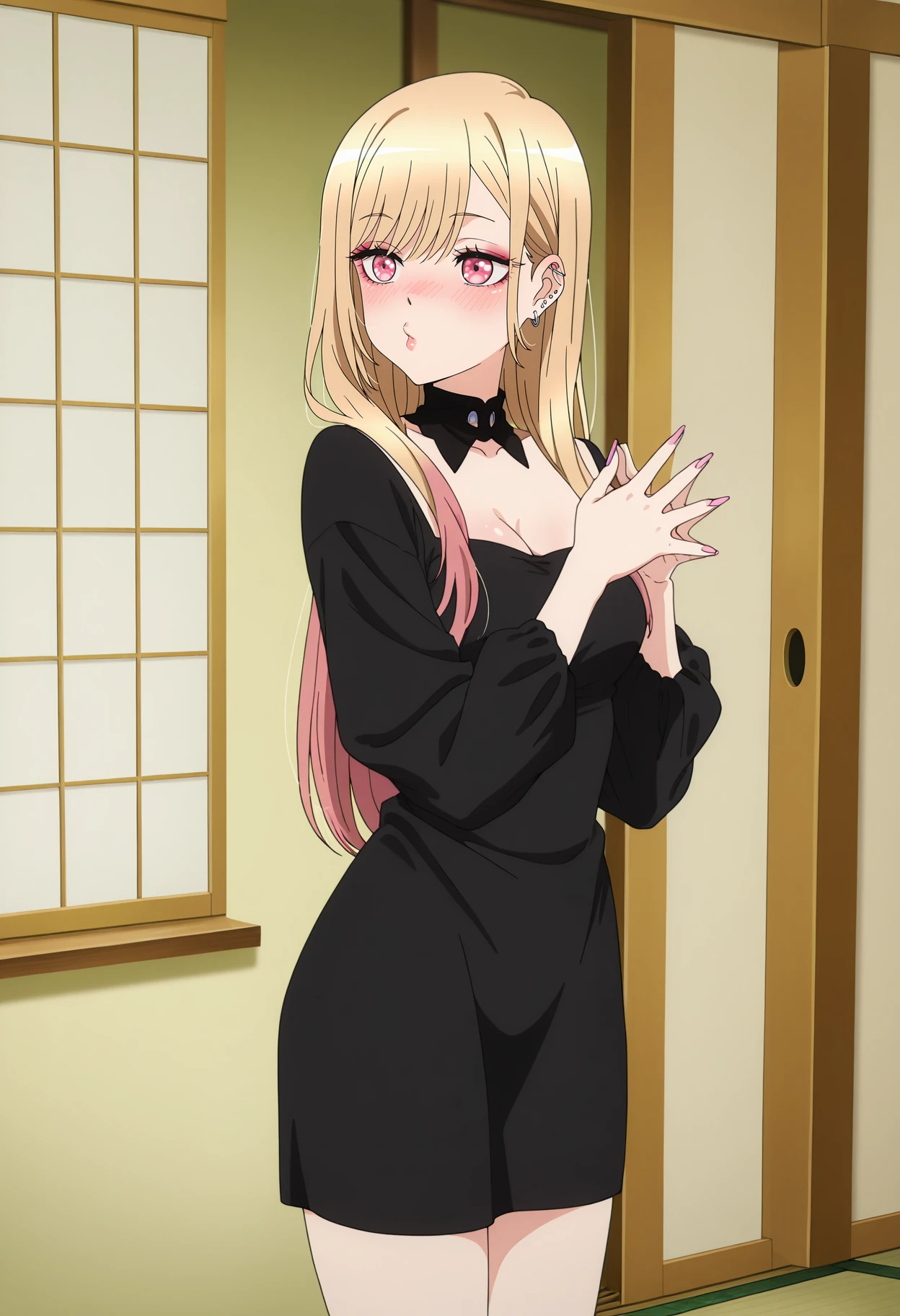 anime screencap, masterpiece, best quality,
<lora:SonoBisqueDoll_KitagawaMarin_IlluXL:0.9>,
1girl, solo, whistling, nose blush,
long hair, swept bangs, multicolored hair, blonde hair, pink hair, multicolored eyes, ear piercing, earrings, pink nails, lips, makeup,
MarinDress, black dress, long sleeves, detached collar, cleavage,
steepled fingers, standing, cowboy shot, thighs,
indoors, shouji, tatami