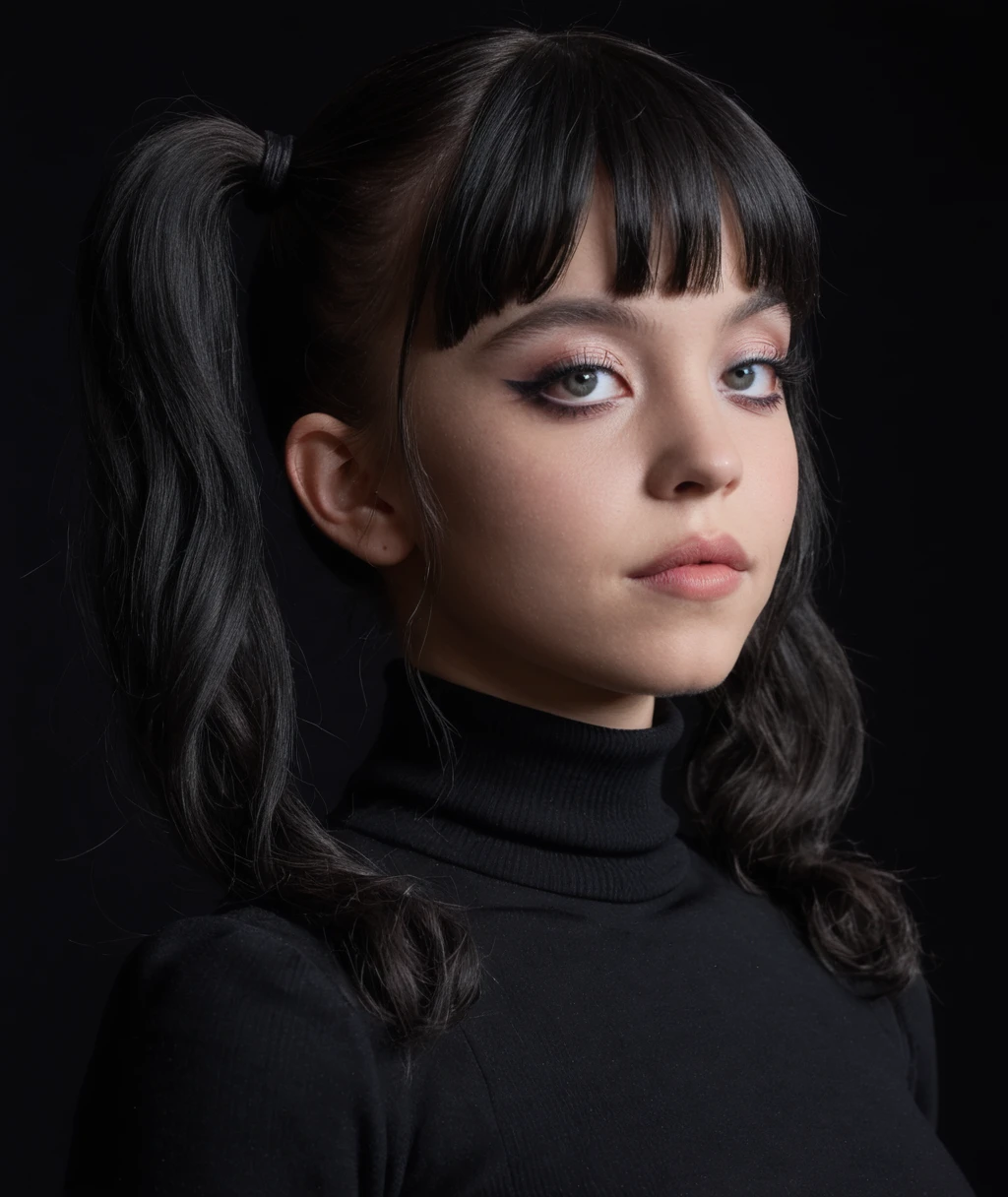 a candid photo of  27yo Sydney Sweeney, solo, woman, looking away, very low eyes, black hair, bangs, lips, Harley_Quinn, twintails, eyeshadow, goth gf, long hair, makeup, slight curls, detailed eyes, dark, beautiful, indirect gaze, (cinematic), turtleneck,  sy3sw33, black_background  <lora:pony_sy3sw33_v1:0.9> <lora:SydneySweenyXLDogu:0.8>