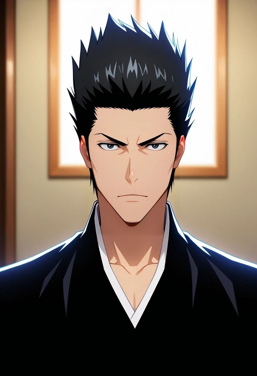 masterpiece, best quality, , (3d:0.4), looking at viewer, 1boy, solo, male focus, <lora:isshin_kurosaki_ilxl:0.9>, isshin_kurosaki, black hair, black eyes, short hair, spiked hair, , ,