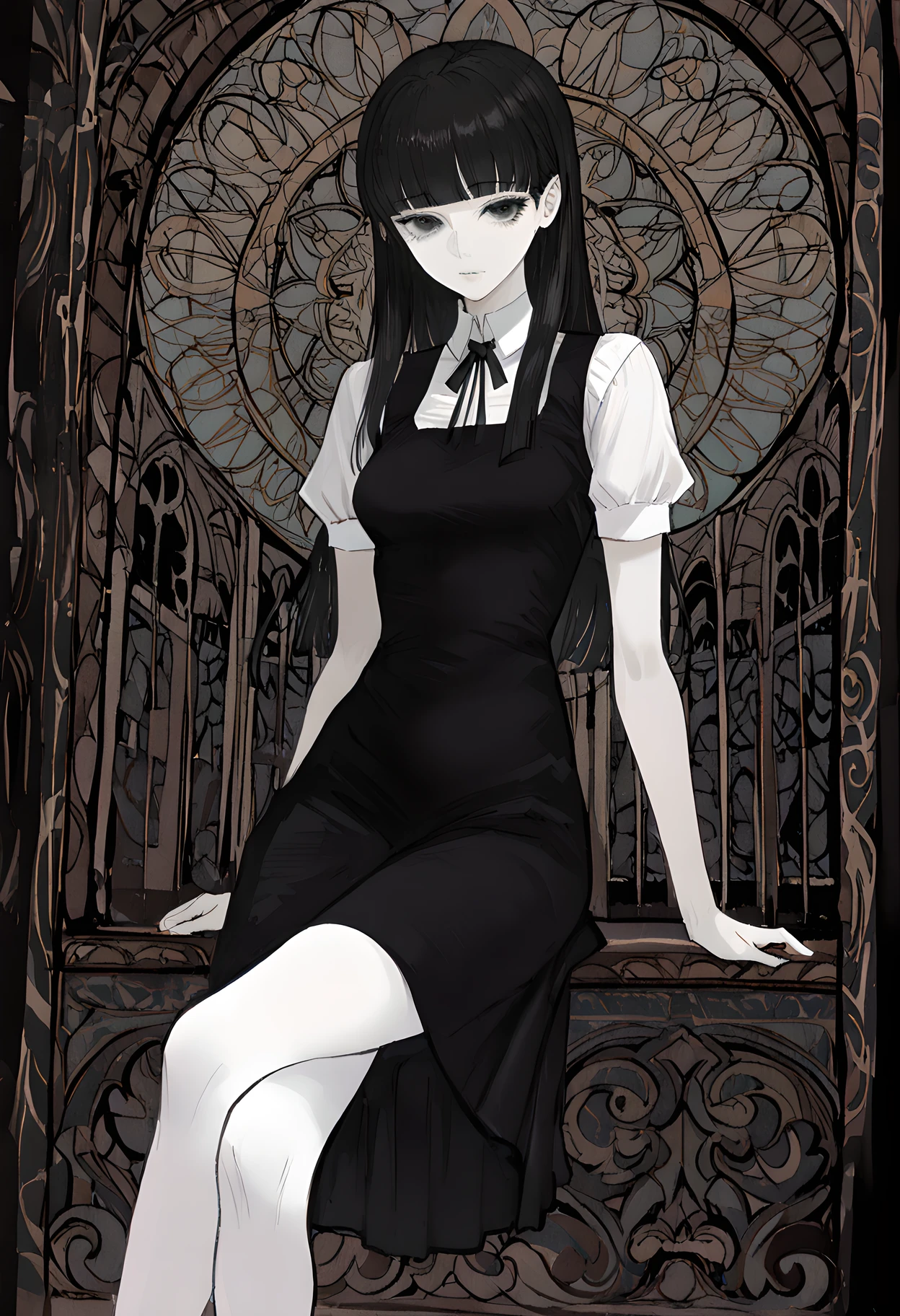 masterpiece, best quality, amazing quality, very aesthetic, absurdres, newest, 1girl, detailed face, 
<lora:mon_monmon2133:0.8> grey cathedral background, abstract background, distorted background,
<lora:karin_illustr:1> samar13_f3ar, long hair, bangs, blunt bangs, black hair, pale skin, pinafore dress, shirt, dress, collared shirt, short sleeves, ribbon, white shirt, neck ribbon, black eyes
sitting, crossed legs,