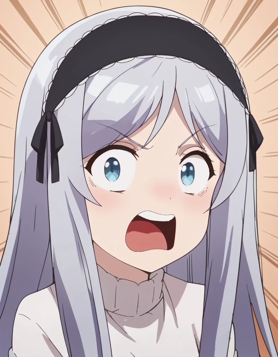 score_9, score_8_up, score_7_up, source_anime, <lora:shisei-houjo-alpha-ponyxl-lora-nochekaiser:1>, shisei houjo, long hair, blue eyes, very long hair, grey hair, black hairband, maturefemale, small breasts, anime screencap, <lora:agemasen-ponyxl-lora-nochekaiser:1>, agemasen, agemasen! (meme), emphasis lines, looking at viewer, meme, open mouth, upper teeth only, , cowboy shot, solo