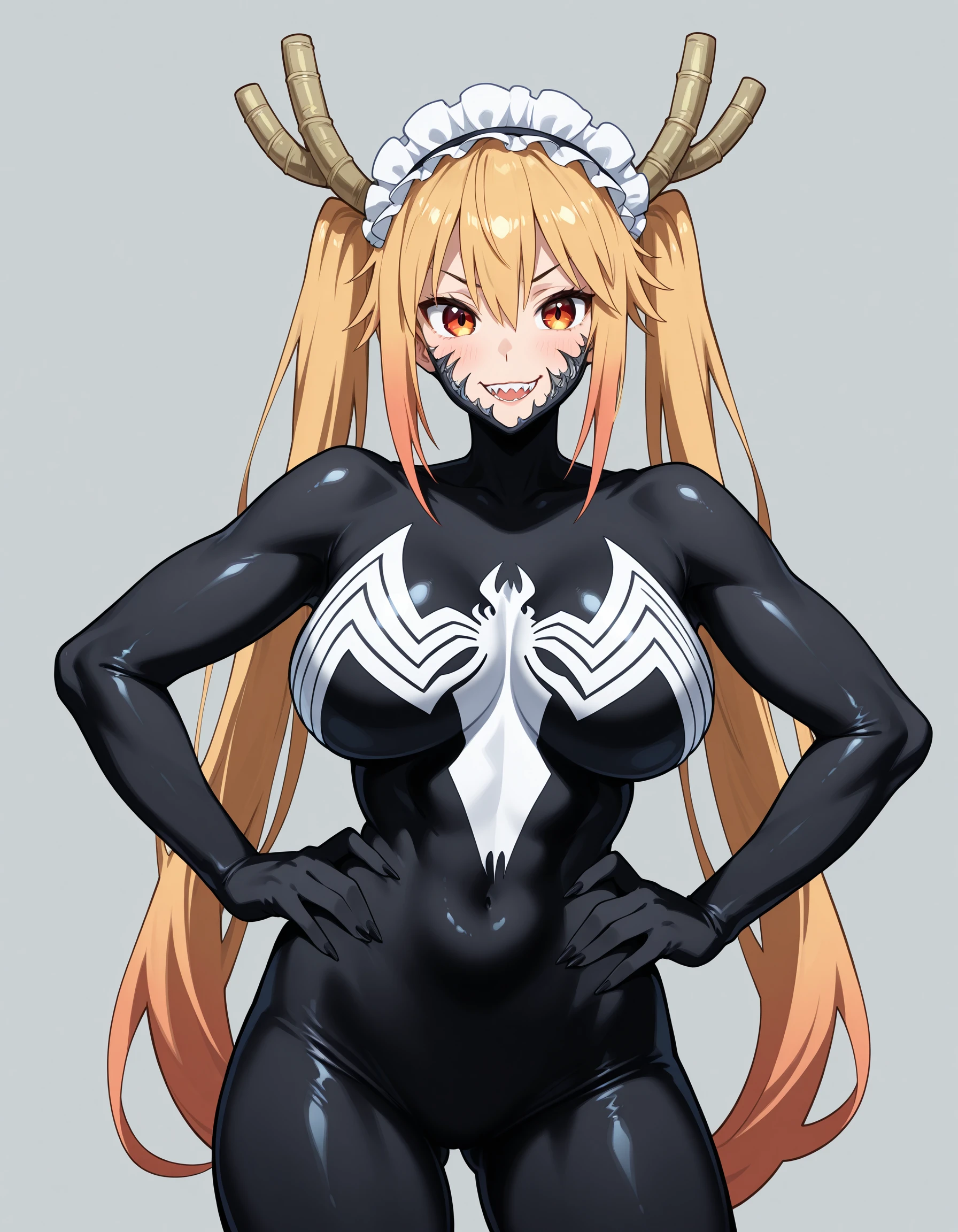 she venom, black bodysuit, cowboy shot, solo, tohru \(dragon maid\), hands on hips, 
 <lora:She Venom IL:1>