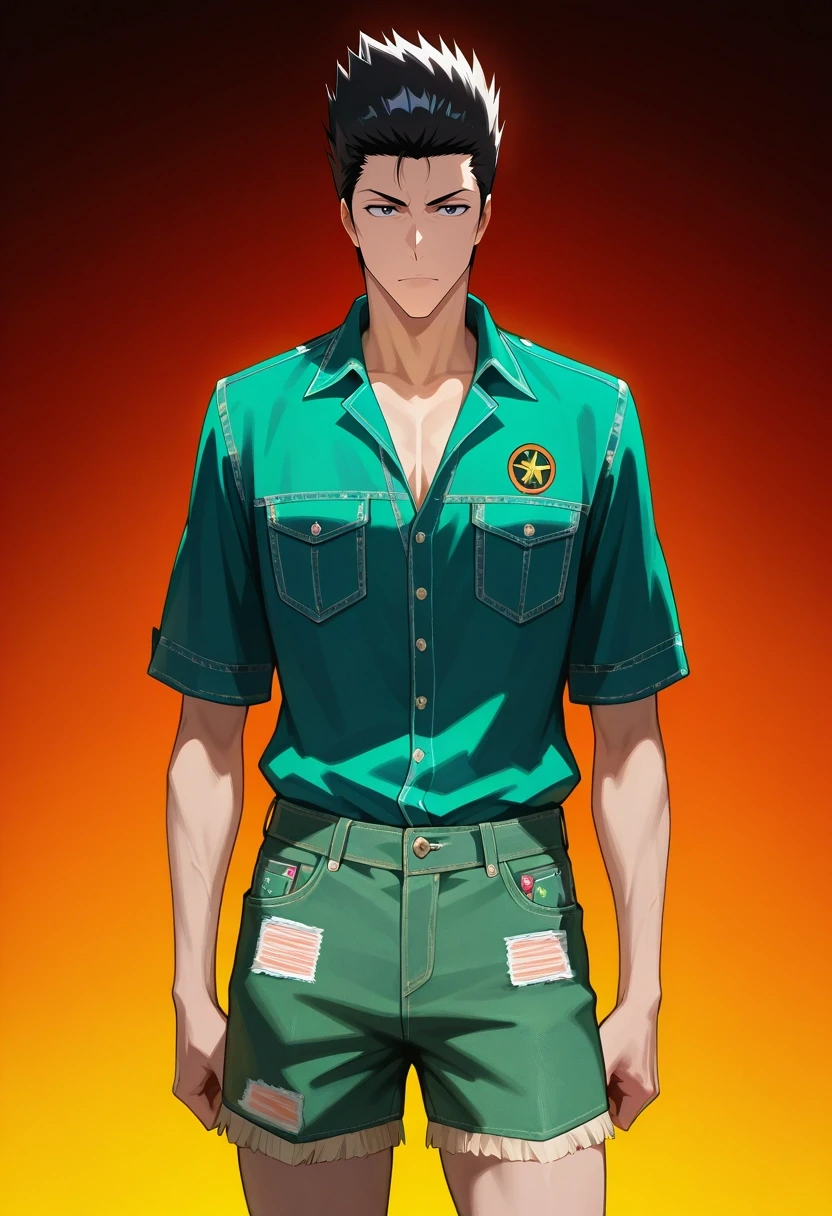 masterpiece, best quality, intricate details, , , 1boy, solo, male focus, <lora:isshin_kurosaki_ilxl:0.94>, isshin_kurosaki, black hair, black eyes, short hair, spiked hair, , , Velvet EmeraldGreen Utility shorts, Western denim shirt, , ,