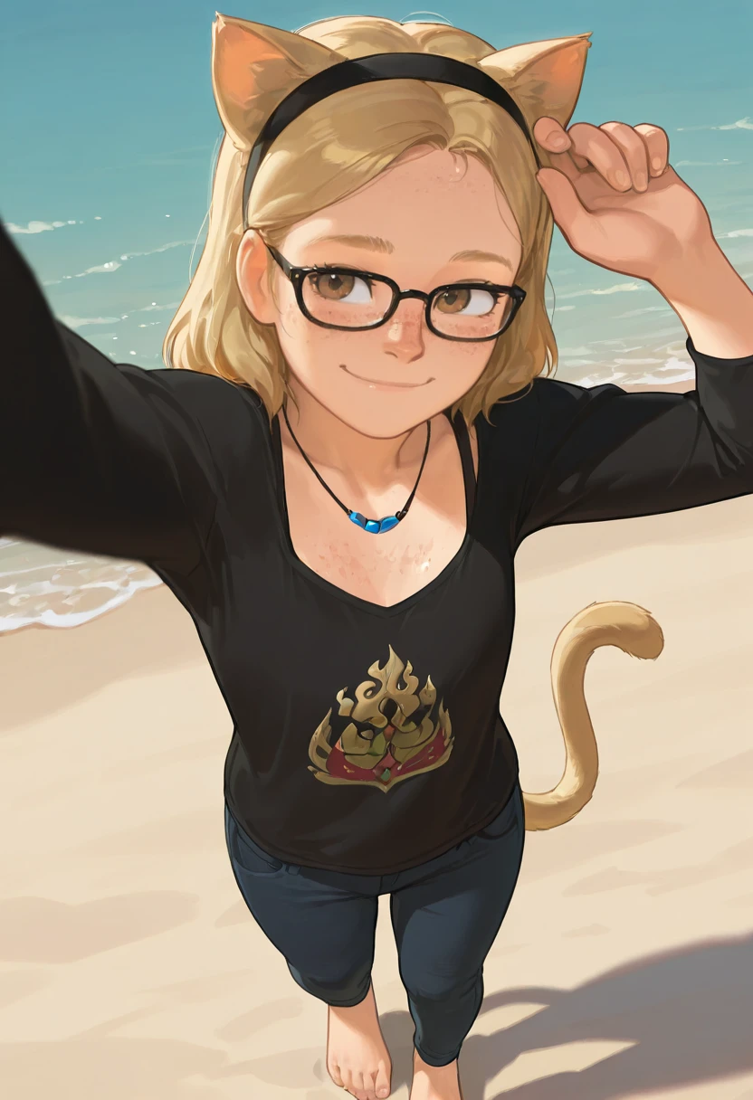 Masterwork, Cassie Drake, 1girl, solo, blonde hair, brown eyes, freckles, body freckles, black shirt, pants, barefoot, necklace, glasses, black-framed eyewear, beach, smile, cat ears, hairband, cat tail, selfie
 <lora:Cassie_Drake_Uncharted_4_Illustrious:1>