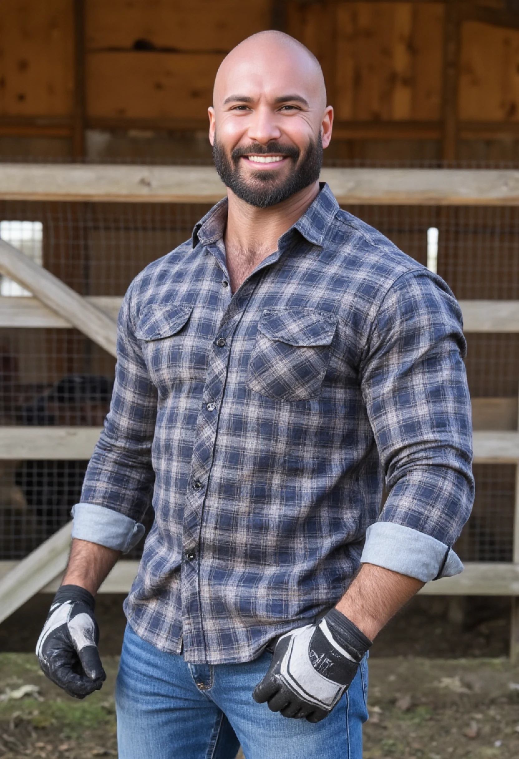 juliantitanium a man standing on a ranch. he is handsome. he is muscular. he is a bodybuilder. he is bald.  heis wearing a plaid button up with rolled up sleeves. he is wearing blue jeans. he is wearing work gloves. he is smiling. he is looking at you. it is daytime. he is standing in front of the goat pen. the photo was taken with a DSLR camera. it is saturated.