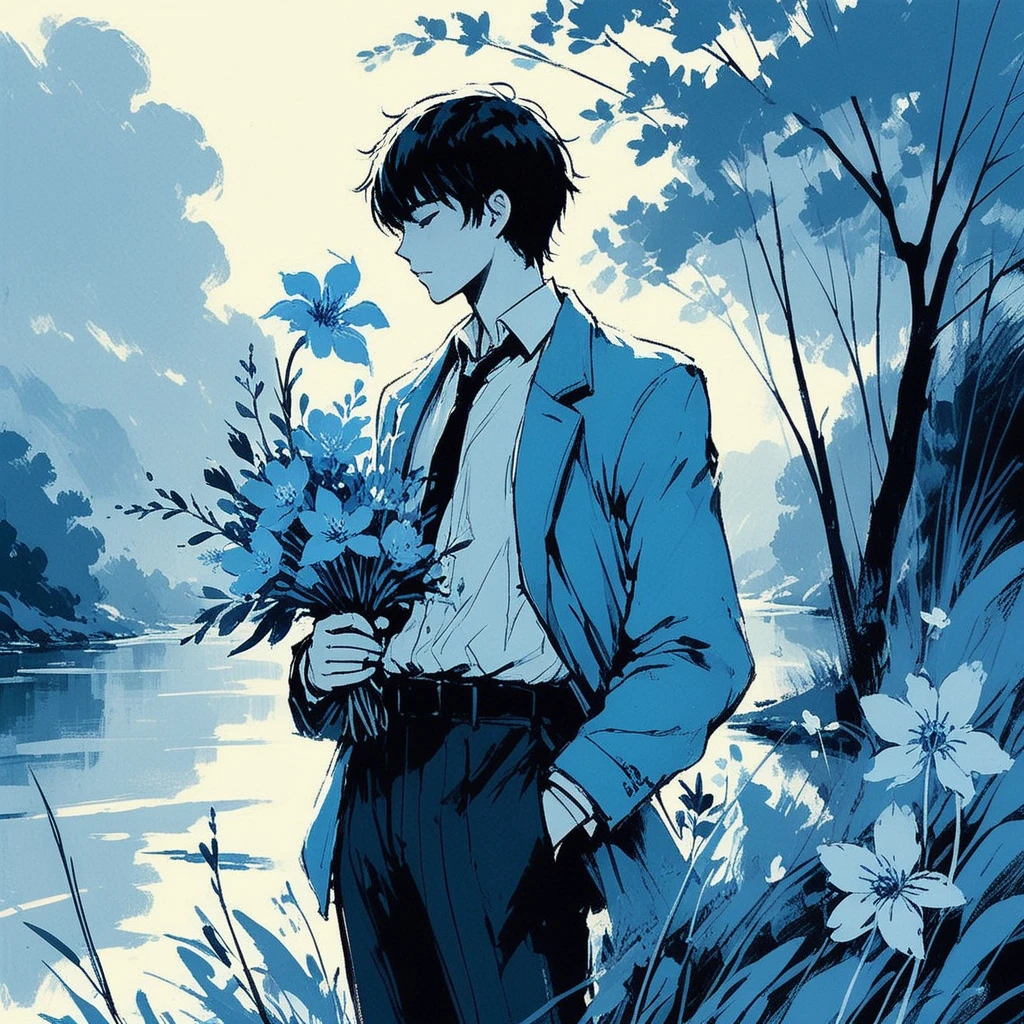 Special Ink-drawing mode, intricate linework with expressive contrasts, vibrant and muted colors blend harmoniously, era 2020s fantasy, varied fashion themes duo, bold and imaginative style, Rating SFW, a man with a bouquet of light blue flowers by the river bank, soft lighting with dynamic highlights,2D flat anime,animeniji