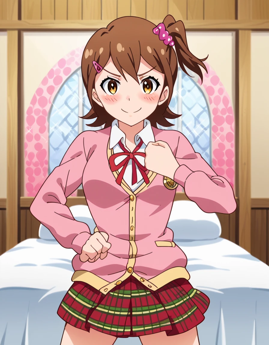 score_9, score_8_up, score_7_up, source_anime, <lora:mirai-kasuga-ingame-ponyxl-lora-nochekaiser:1>, mirai kasuga, short hair, brown hair, hair ornament, hairclip, one side up, scrunchie, anime screencap, skirt, school uniform, plaid skirt, plaid, cardigan, ribbon, red ribbon,, village, houses, community, rural, farms, smile, <lora:giorno-giovannas-pose-ponyxl-lora-nochekaiser:1>, giorno giovannas pose, giorno giovanna's pose (jojo), jojo pose, hand up, arm up, clenched hand, hand on waist, blush, shirt, smile, bed room, cowboy shot, looking at viewer, solo,, cowboy shot, solo