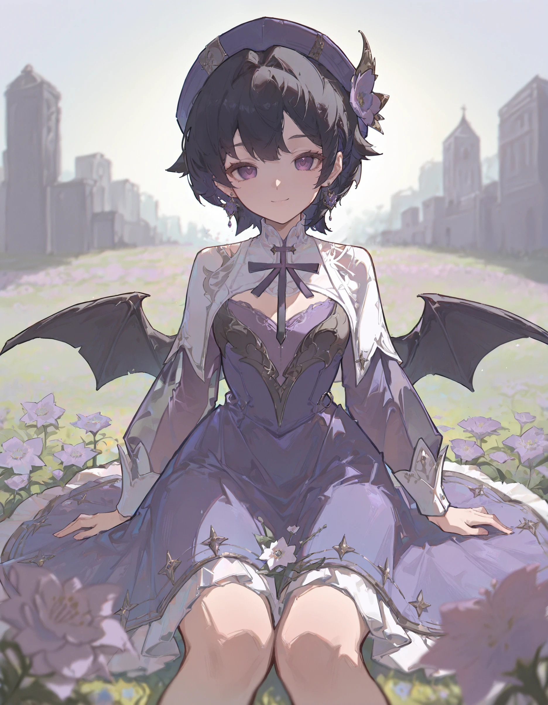 masterpiece, best quality, very aesthetic,newest, very awa,Y4ungpeng_illu, hat,1girl, solo, flower, dress, earrings, jewelry, purple eyes, short hair, sitting, black hair, purple dress, wings, smile, looking at viewer, closed mouth, <lora:Y4ungpeng_style:1>,(blurry :1.2), depth of field,