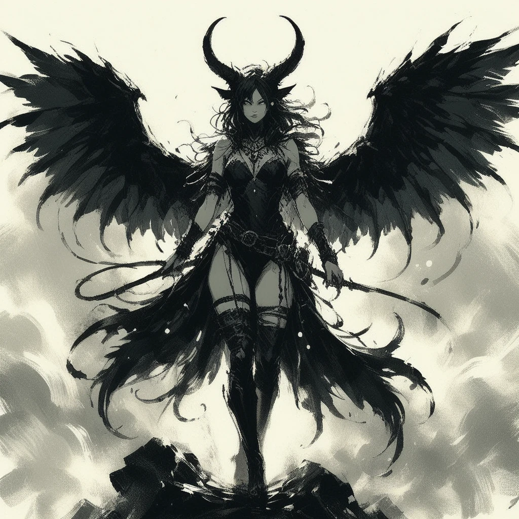 Special Ink-drawing mode, soft lighting with dynamic highlights.
intricate linework with expressive contrasts, vibrant and muted colors blend harmoniously, tiefling demon, with huge black wings