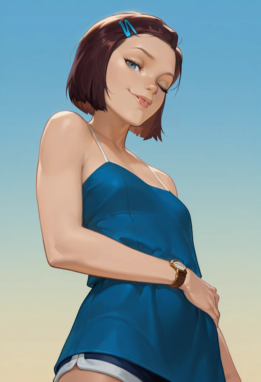 Masterwork, Courtney Wagner, 1girl, solo, brown hair, short hair, lips, blue eyes, upper body, shorts, spaghetti strap dress, blue dress, wristwatch, gradient background, from below, looking, ;p, smug, blue hairclip  <lora:Courtney_Wagner_Life_is_Strange_Illustrious:1>