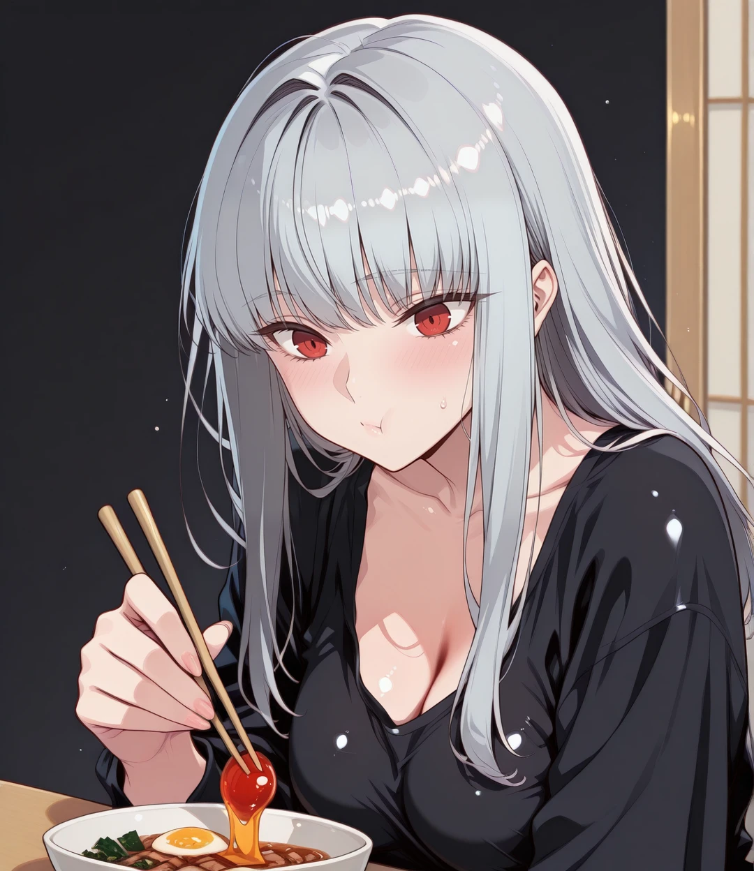 (masterpiece, best quality:1.2), amazing quality, very aesthetic, 32k, absurdres, extremely beautiful, newest, scenery, extra details, (sharp detailed:1.2), sharp focus, absurdres, official art, detailed anatomy, correct anatomy, (nakamura_regura:0.4), character focus,
ihwa, grey hair, silver hairl, long hair, bangs, red eyes, athletic body, medium breasts, black shirt, cleavage, upper body, holding, food, chopsticks, eaking, closed mouth :t, collarbone, cute, blush,
detailed, (shiny skin), soft shaded, depth of field, black background, (chromatic aberration), <lora:PHM_style_IL:1.0> <lora:IL_ihwa:1.0> <lora:dkdravenV7_r1:1.0>