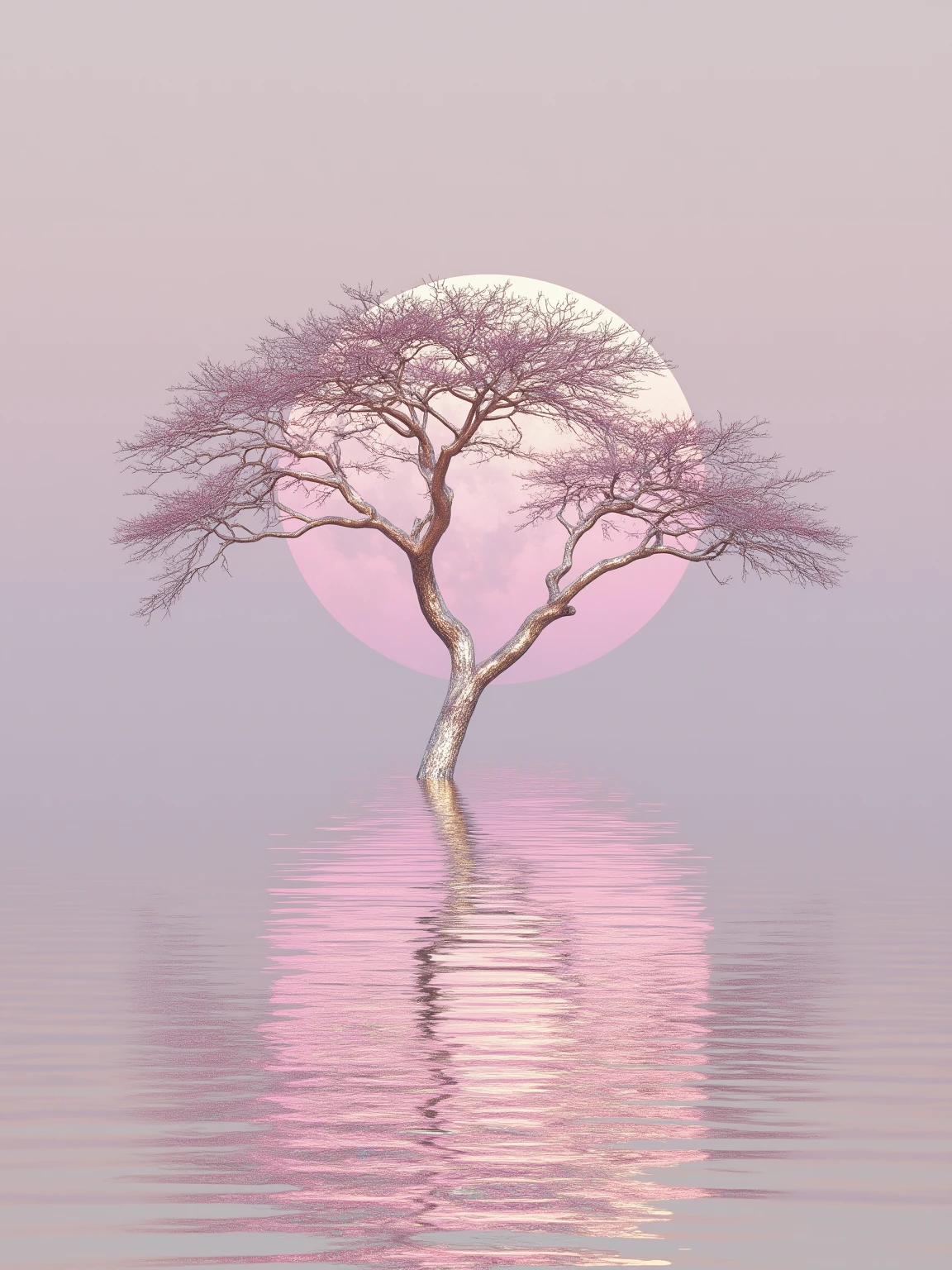 <lora:è¹å½±9:0.7>,hongying,a tree is in the water with a pink moon in the background and a pink sky reflected in the water,Beeple,8 k render,a 3D render,generative art,