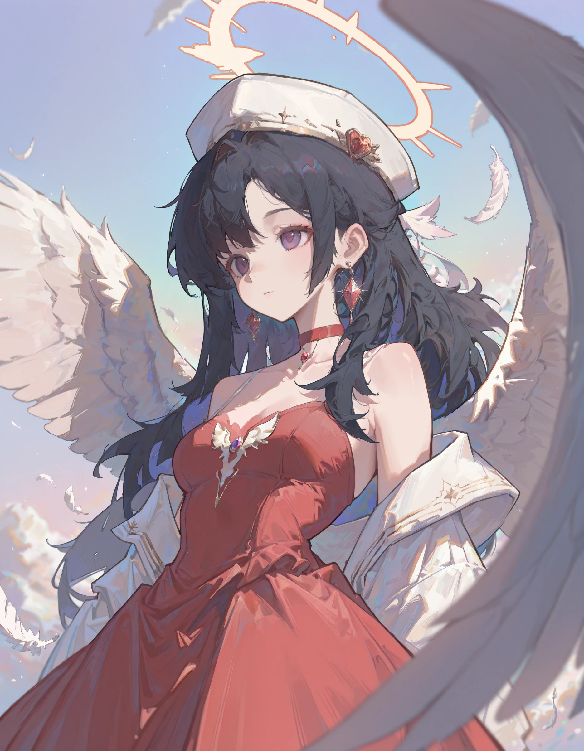 masterpiece, best quality, very aesthetic,newest, very awa,Y4ungpeng_illu, hat,1girl, dress, solo, wings, long hair, black hair, jewelry, earrings, red dress, purple eyes, feathers, red choker, feathered wings, angel wings, choker, <lora:Y4ungpeng_style:1>,(blurry :1.2), depth of field, colorful, vibrant colors