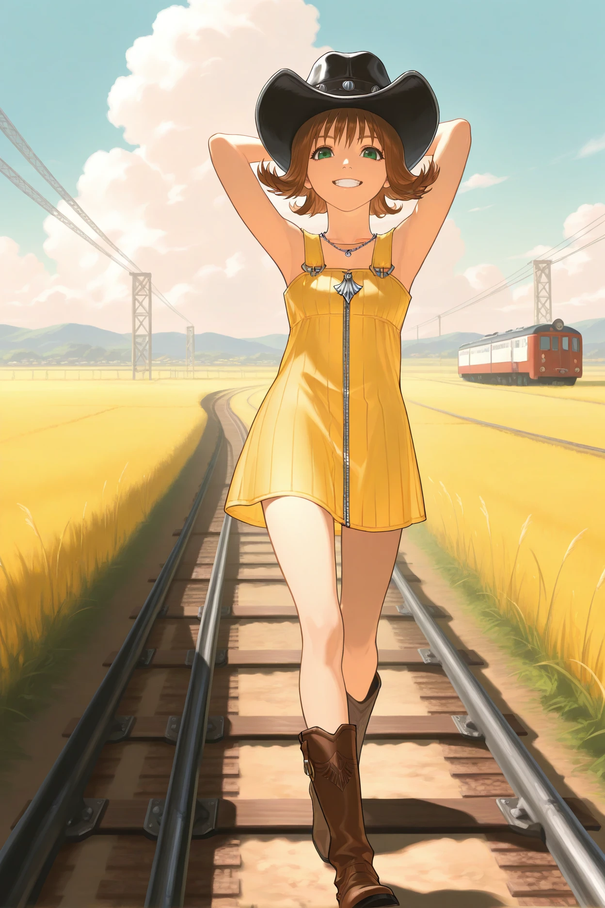 masterpiece, best quality, 1girl, solo,  <lora:ffselphie-illu-nvwls-v1-000006:1> ff8sphe, brown hair, flipped hair, short hair, green eyes, necklace, yellow dress, short dress, sleeveless dress, full-length zipper, brown boots, cowboy hat, walking, train tracks, full body, looking at viewer, happy, grin, arms behind head, field, clouds