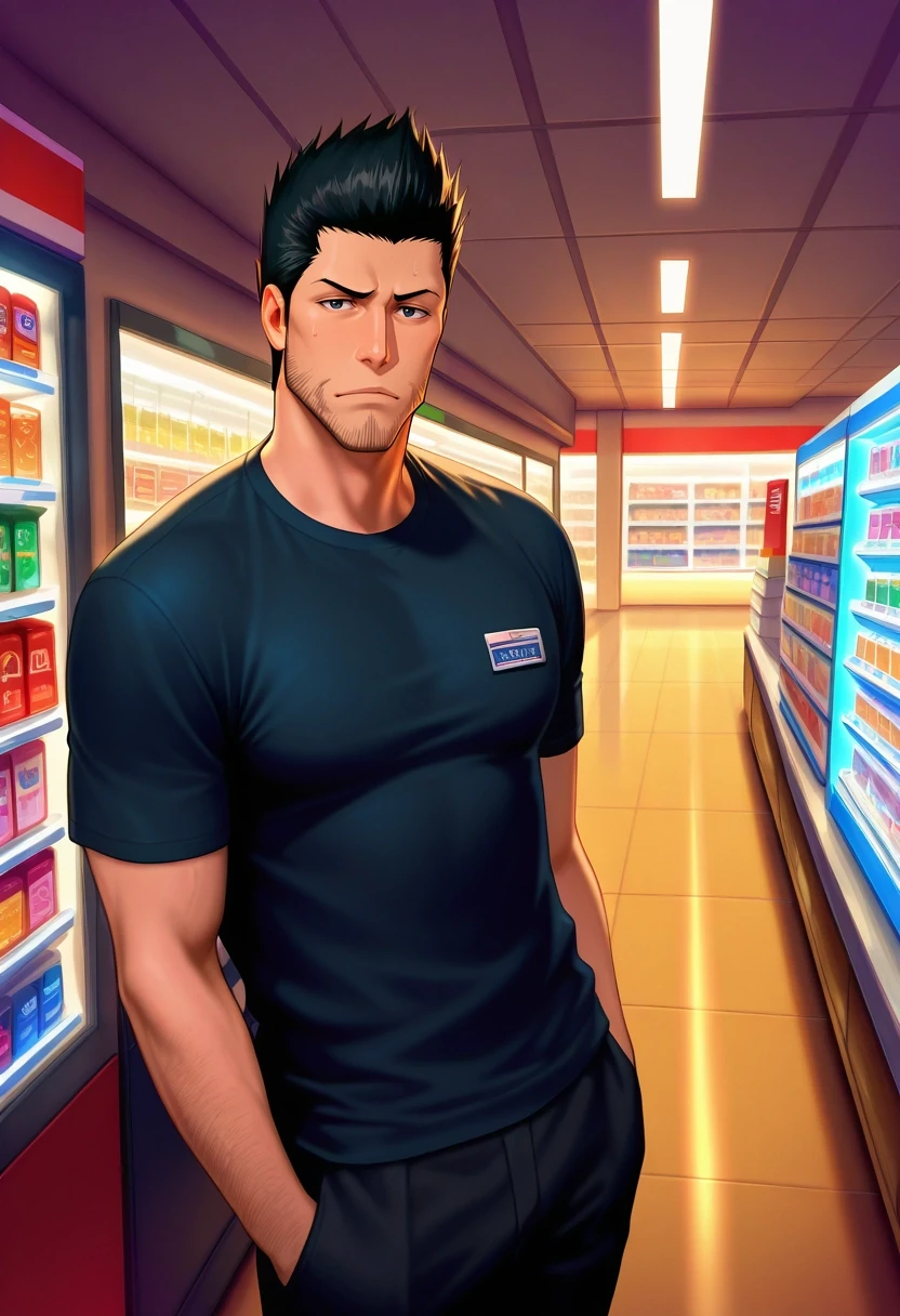 masterpiece, best quality, intricate details, semi-realistic, looking at viewer, 1boy, solo, male focus, <lora:isshin_kurosaki_ilxl:0.94>, isshin_kurosaki, black hair, black eyes, short hair, spiked hair, facial hair, stubble, beard, wide angle, wide shot, cowboy shot, store, convenience store, dusk, the pose, nervous,