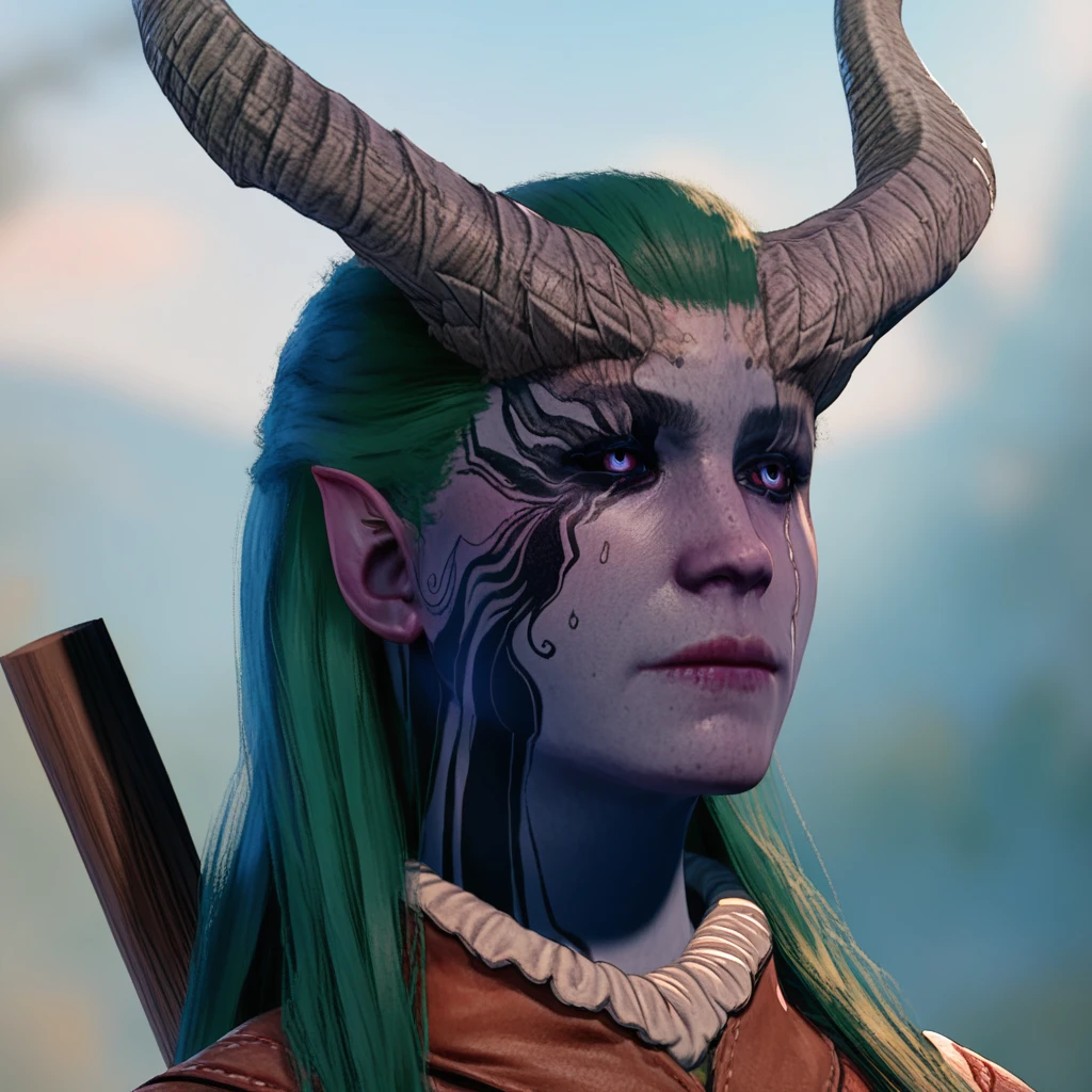 female fous, solo focus, solo, score_9, score_8_up, score_7_up, <lora::1> 1 girl, blue skin, dryad, wooden horns, horns, green hair, long hair, BG3DreadFogTattoo, face Tattoo, Tattoo,