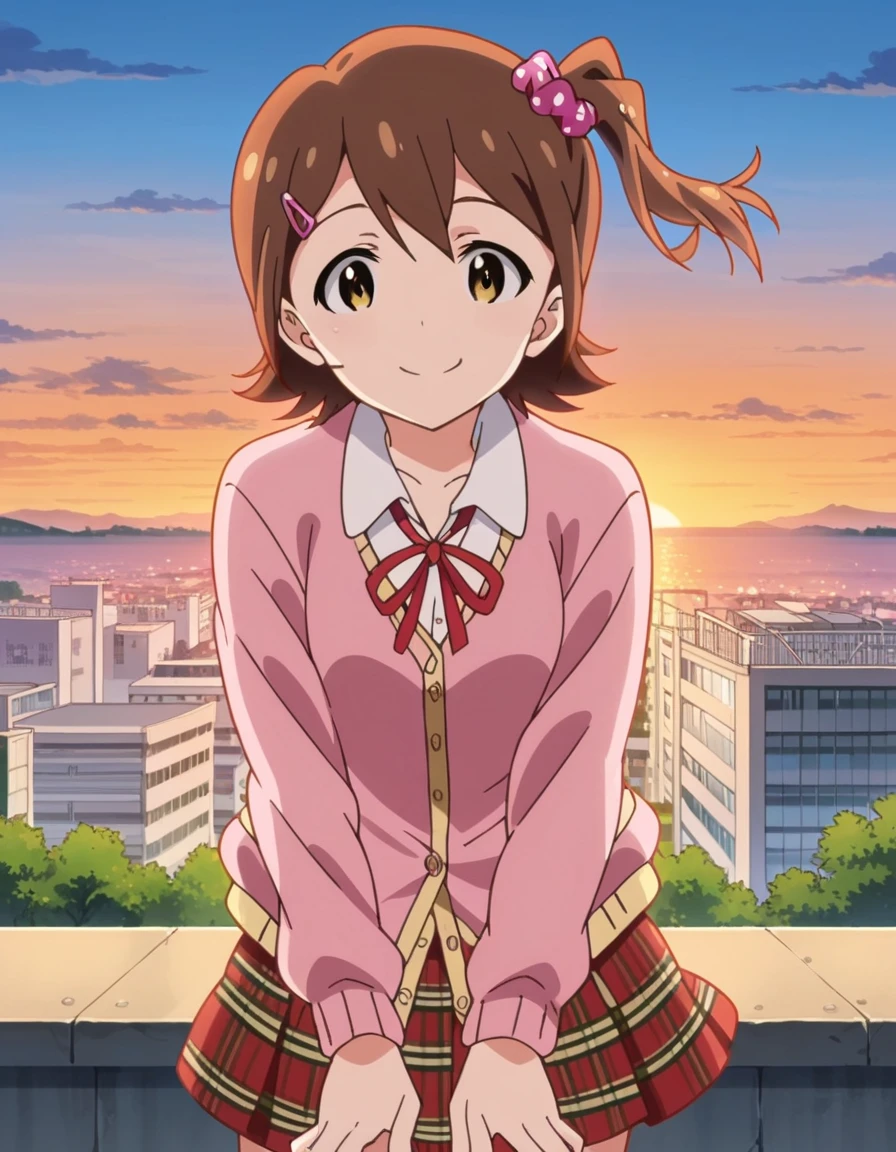 score_9, score_8_up, score_7_up, source_anime, <lora:mirai-kasuga-ingame-ponyxl-lora-nochekaiser:1>, mirai kasuga, short hair, brown hair, hair ornament, hairclip, one side up, scrunchie, anime screencap, skirt, school uniform, plaid skirt, plaid, cardigan, ribbon, red ribbon,, rooftop, sunset, cityscape, quiet moment, wind blowing, contemplative, smile, hands on own knees, looking at viewer, solo,, cowboy shot, solo