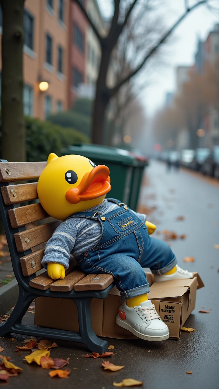 A life sized b. duck collapsed on a weathered park bench, wearing a blue striped sweater, stuffed into denim overalls and white sneakers, lying with its head tilted to one side, its head wrapped in a tattered box, awkwardly lying in a tattered cardboard box labeled with transportation details, with fallen leaves scattered on its feet. The urban background includes trash cans and a quiet and spacious street, emphasizing a sense of quiet obedience and humorous exhaustion. Cold and desolate