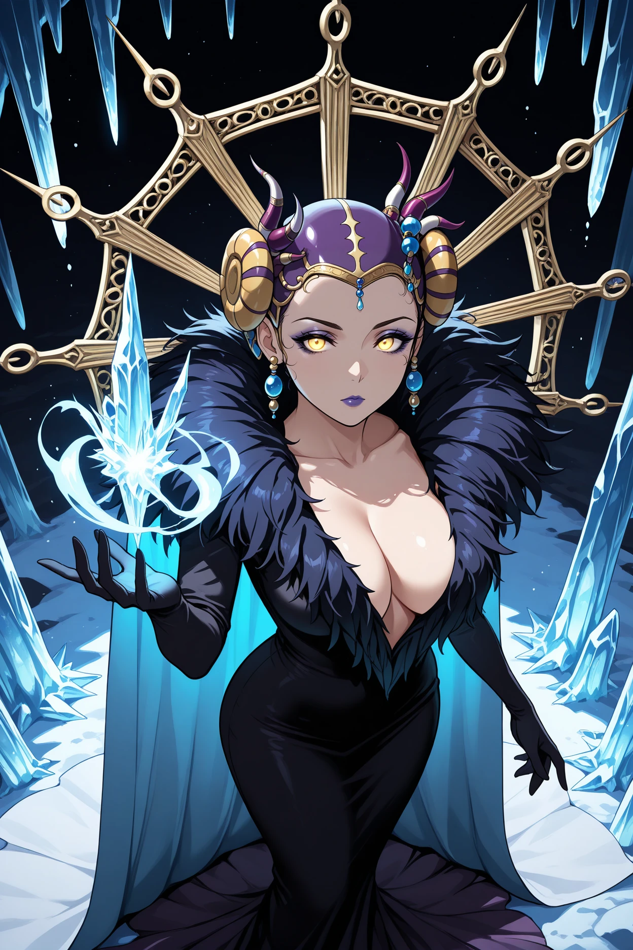 masterpiece, best quality, 1girl, solo, <lora:ffedea-illu-nvwls-v1_1-000006:1> ffedea, hair ornament, headdress, yellow eyes, eyeshadow, earrings, purple lipstick, cape, black dress, long dress, plunging neckline, feather trim, long sleeves, black gloves, looking at viewer, large breasts, hand up, ice magic, icicles, from above, night, black background, glowing eyes, magic